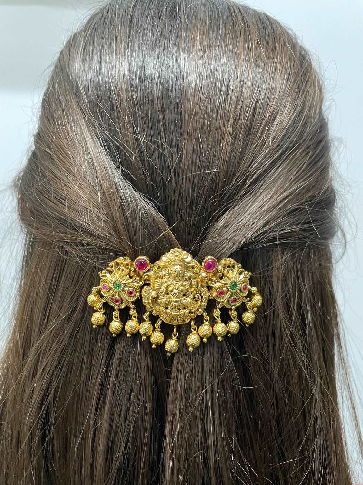 Antique Gold Goddess Laxmi Kemp Stone Hair Clip - Abdesignsjewellery