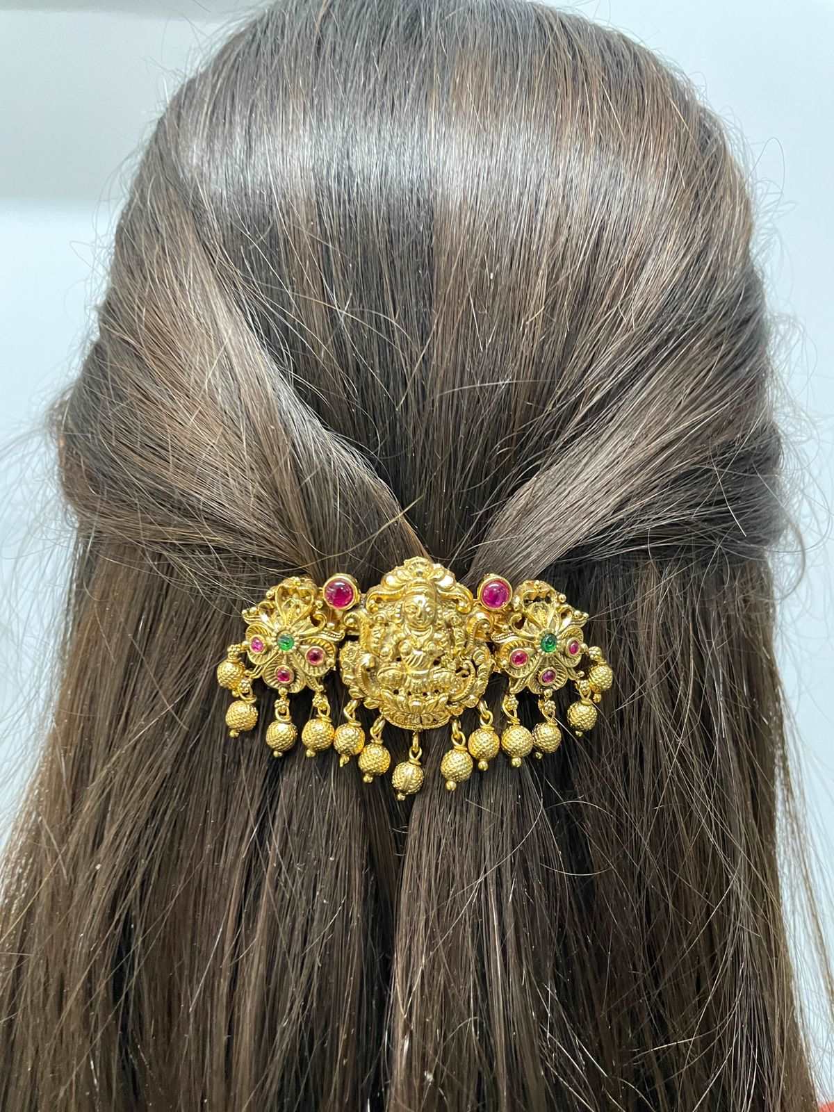Antique Gold Goddess Laxmi Kemp Stone Hair Clip - Abdesignsjewellery