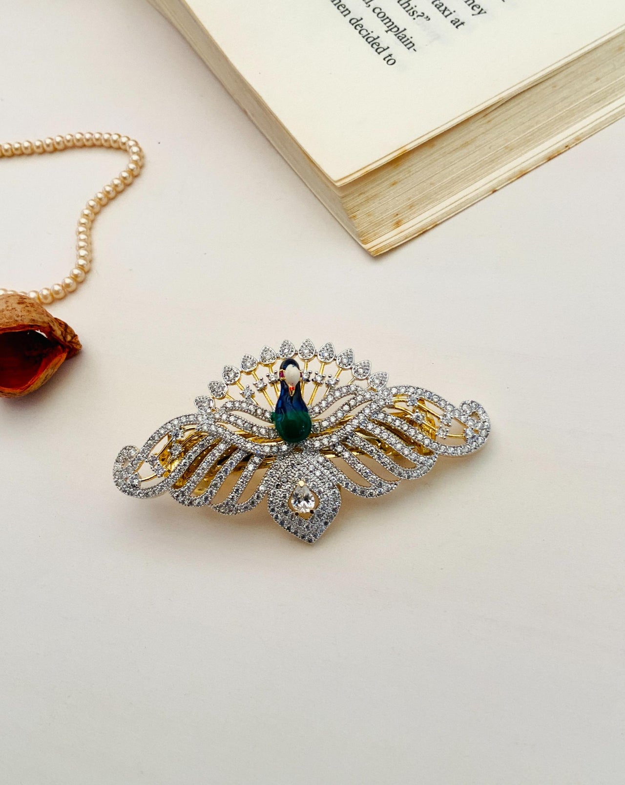 Gold Plated American Diamond Meenakari Peacock Hair Clip