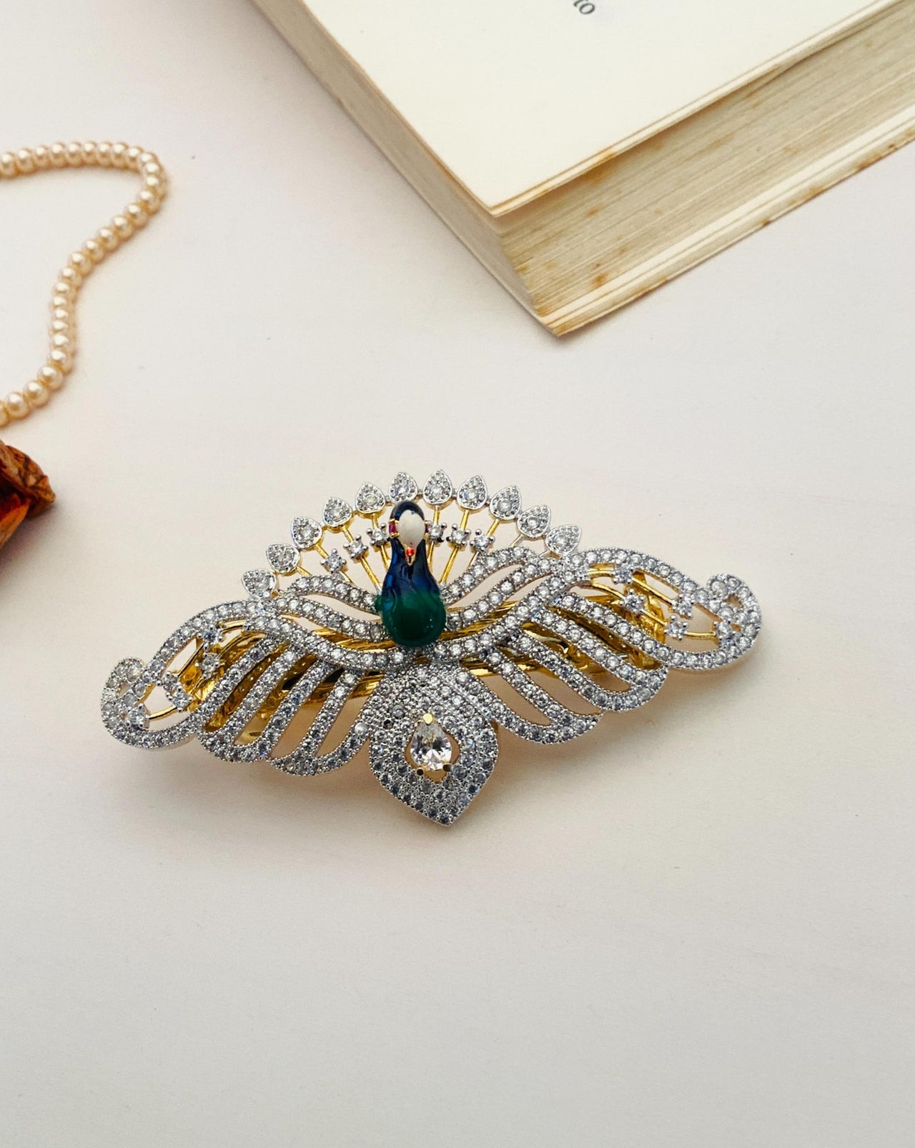 Gold Plated American Diamond Meenakari Peacock Hair Clip