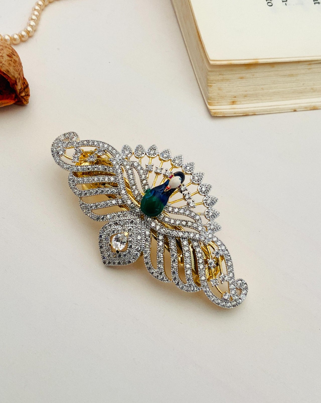 Gold Plated American Diamond Meenakari Peacock Hair Clip