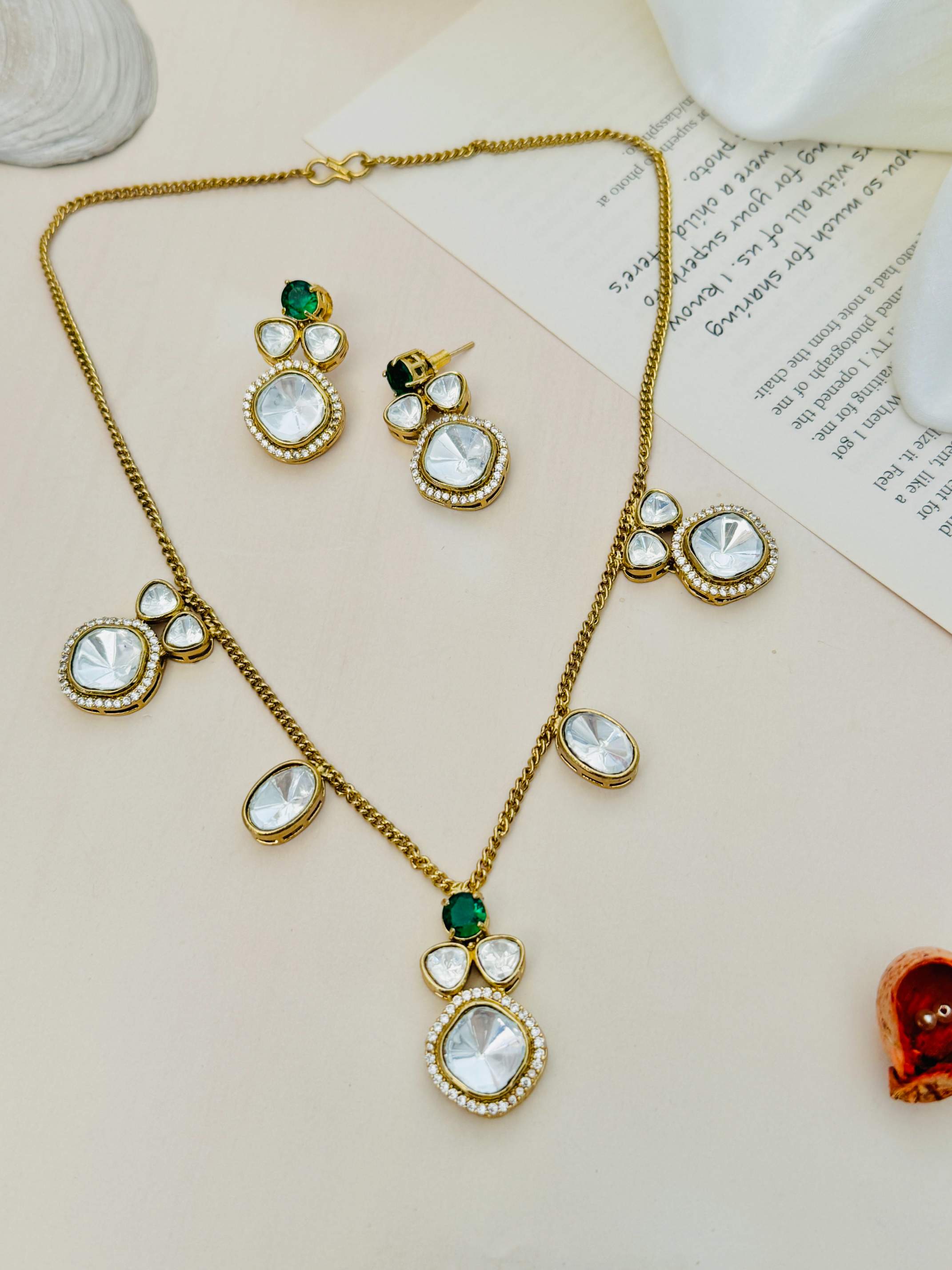 Timeless Gold Plated Polki Pendant Chain Set