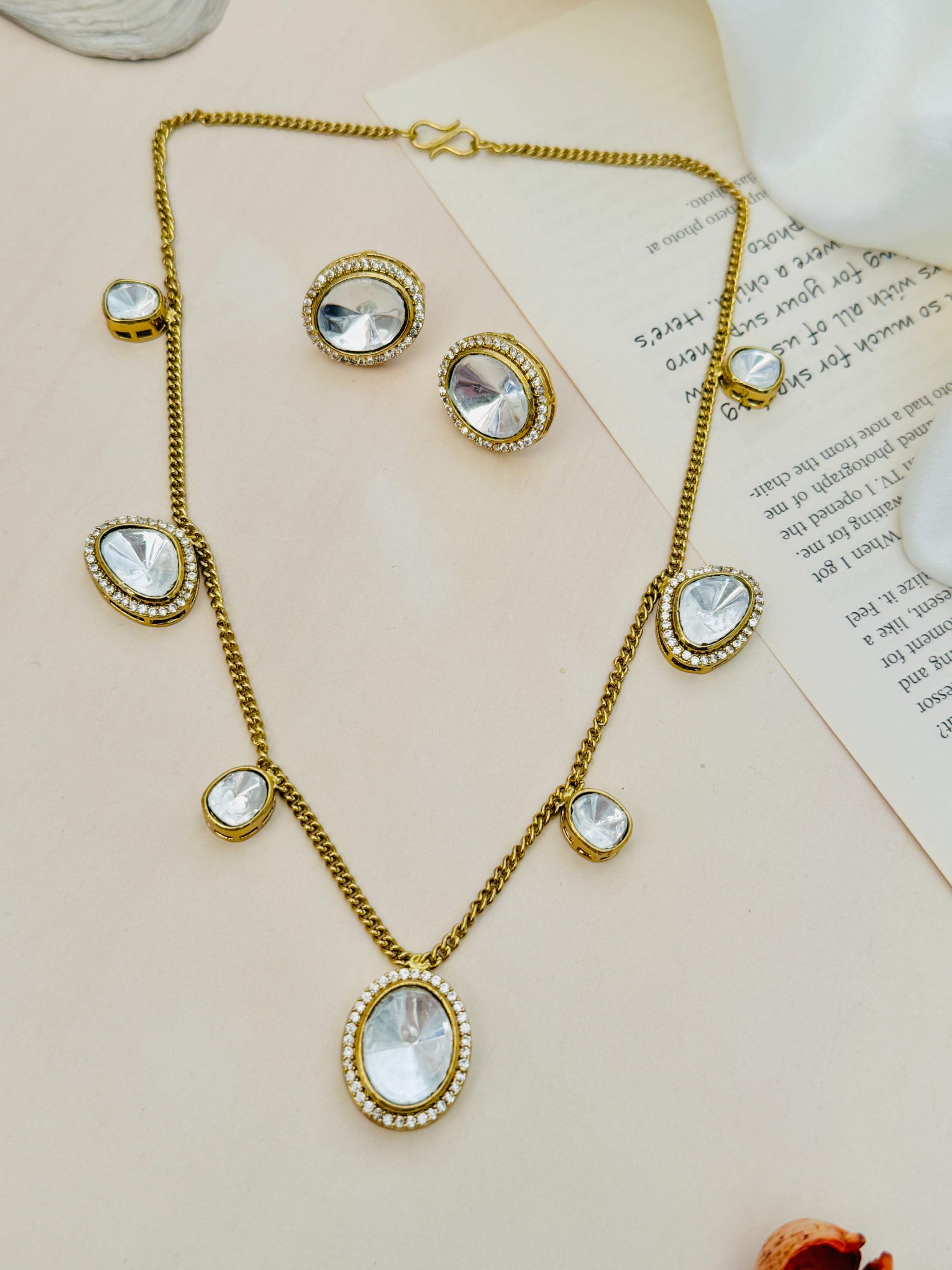 Contemporary Gold Plated Polki Pendant Chain Set