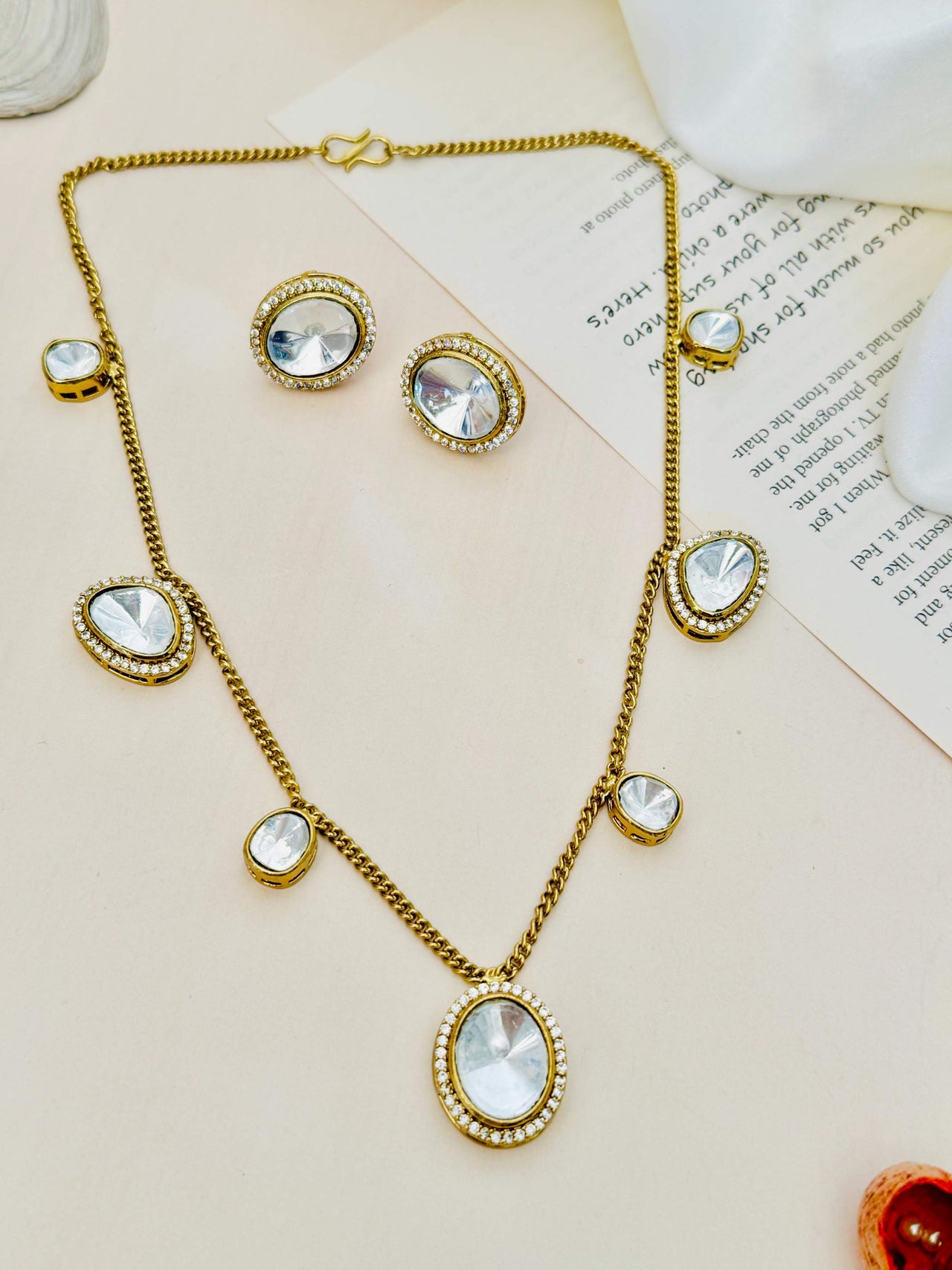 Contemporary Gold Plated Polki Pendant Chain Set