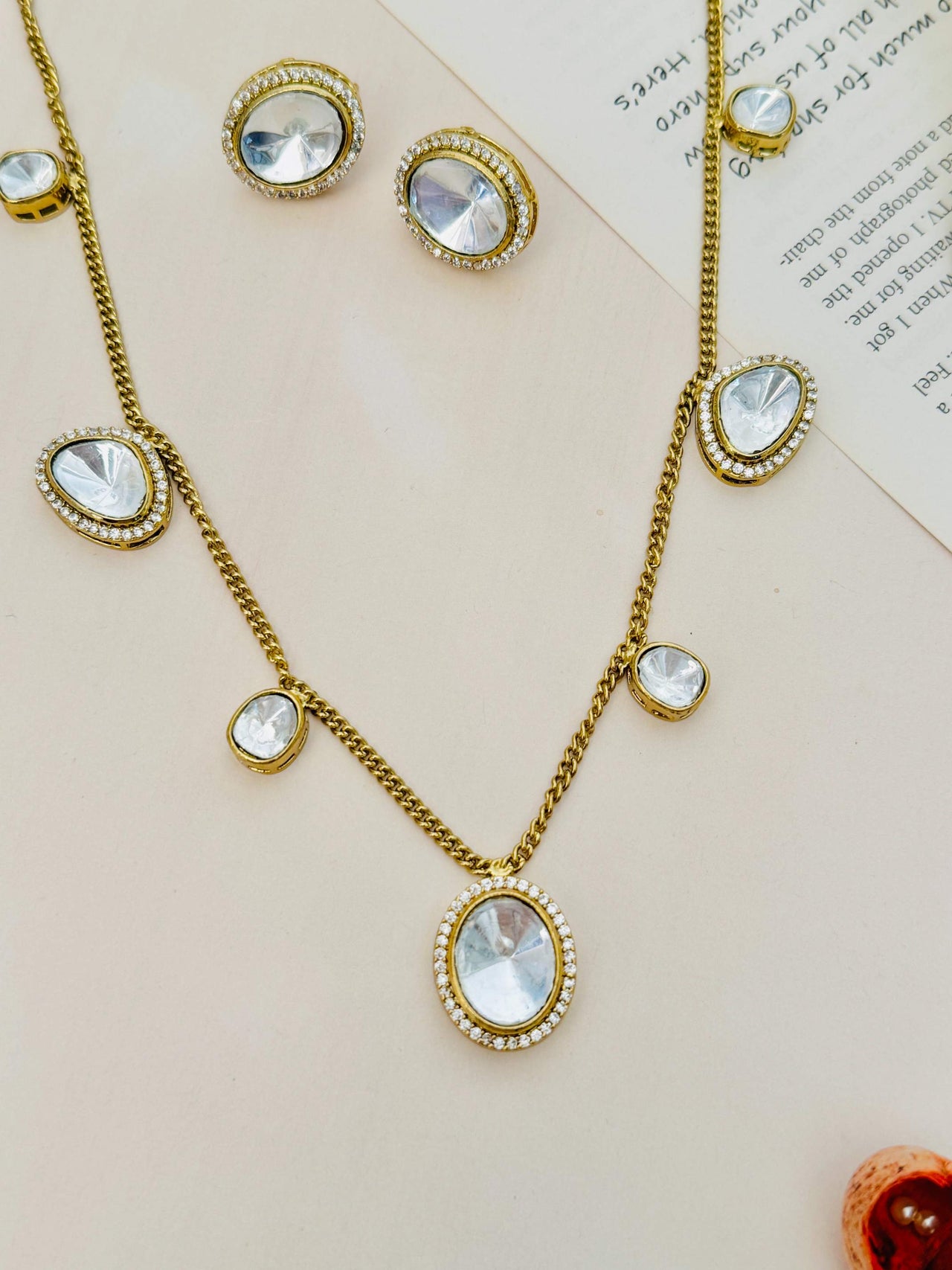 Contemporary Gold Plated Polki Pendant Chain Set