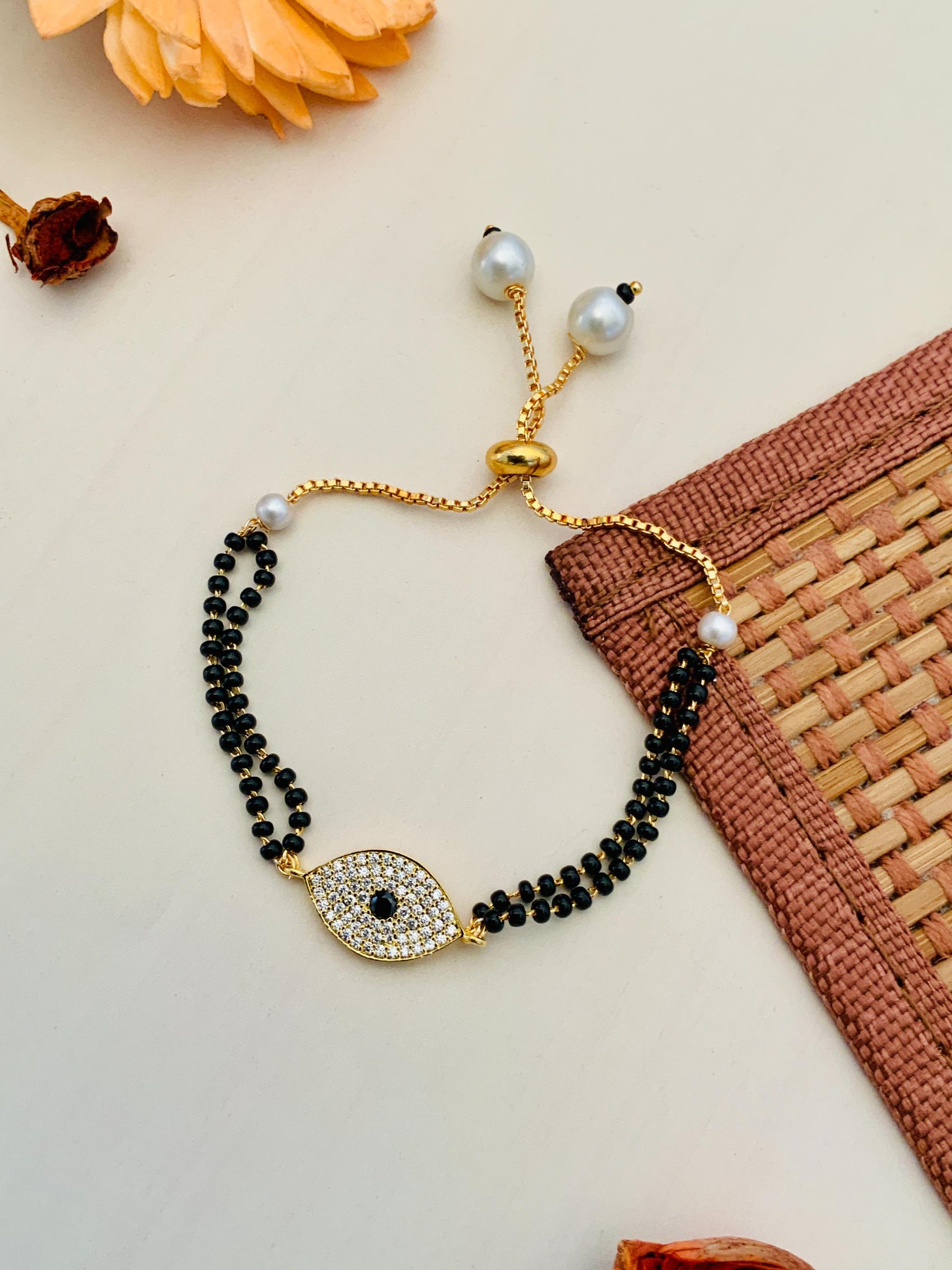 Beautiful Evil Eye American Diamond Gold Plated Mangalsutra Bracelet - Abdesignsjewellery