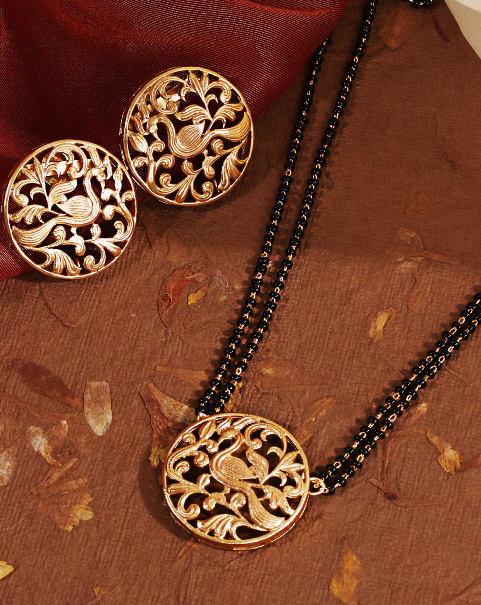 Antique Gold Round Peacock Mangalsutra & Earrings - Abdesignsjewellery
