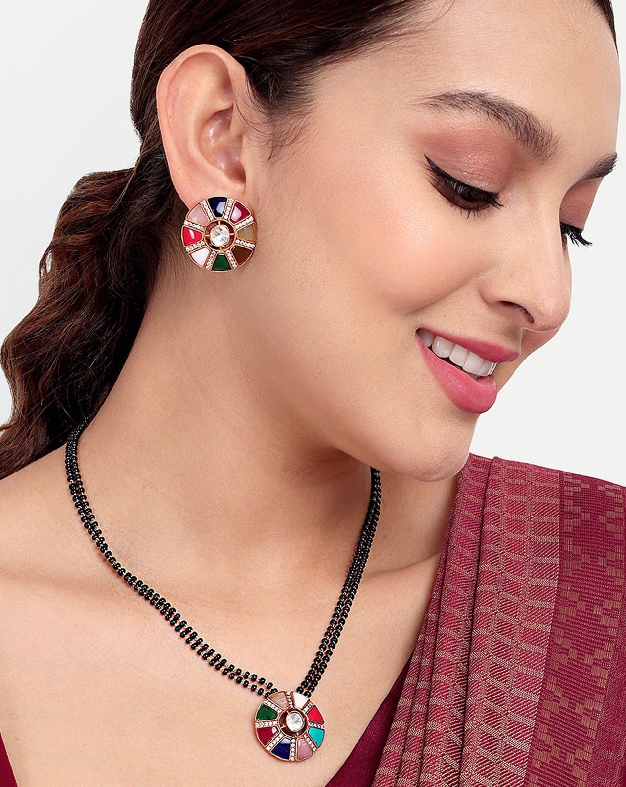 Beautiful Navratna Round Pendant & Earrings - Abdesignsjewellery
