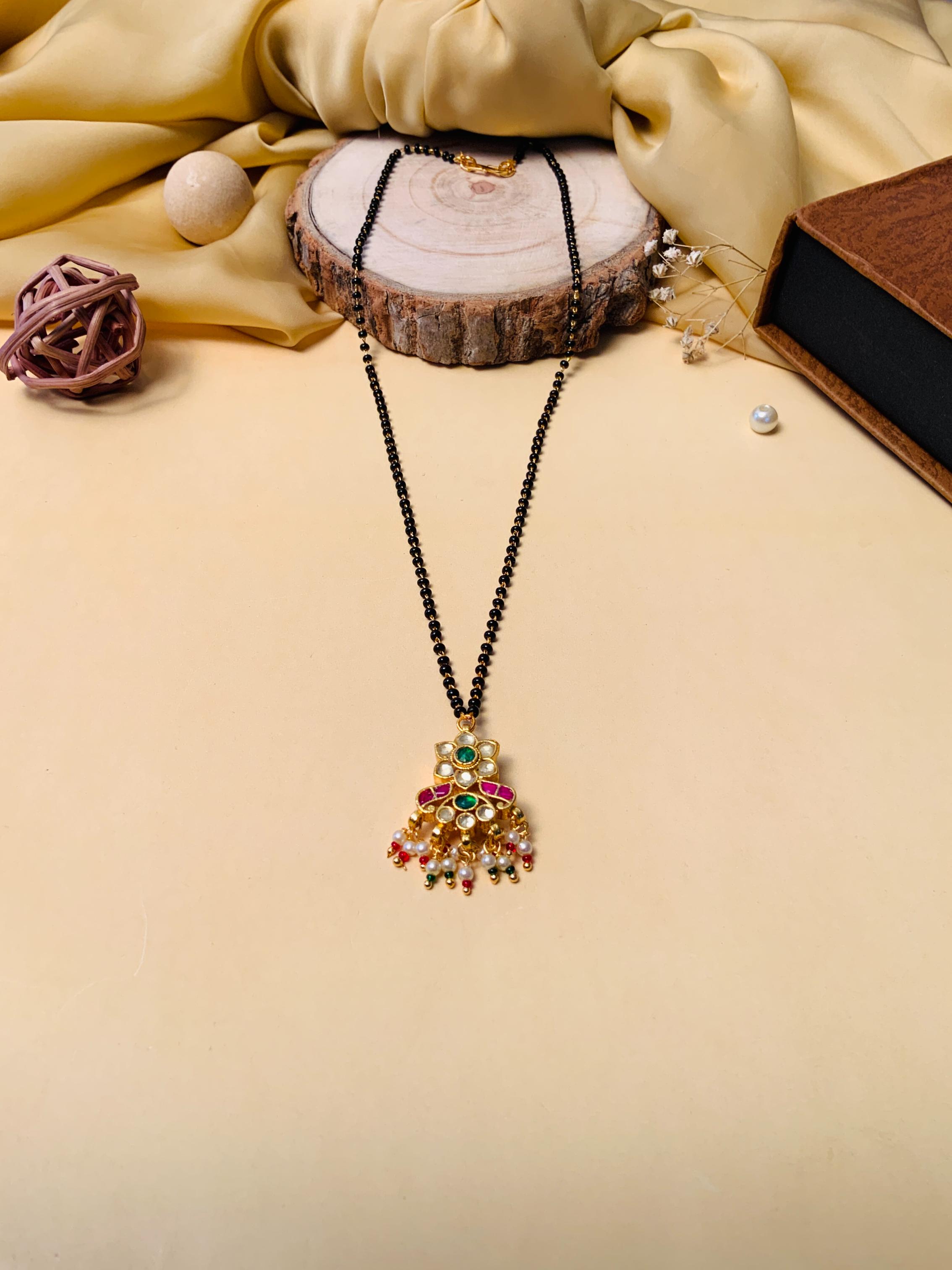 Fascinating Gold Plated Pachi Kundan Pearl Drop Mangalsutra - Abdesignsjewellery