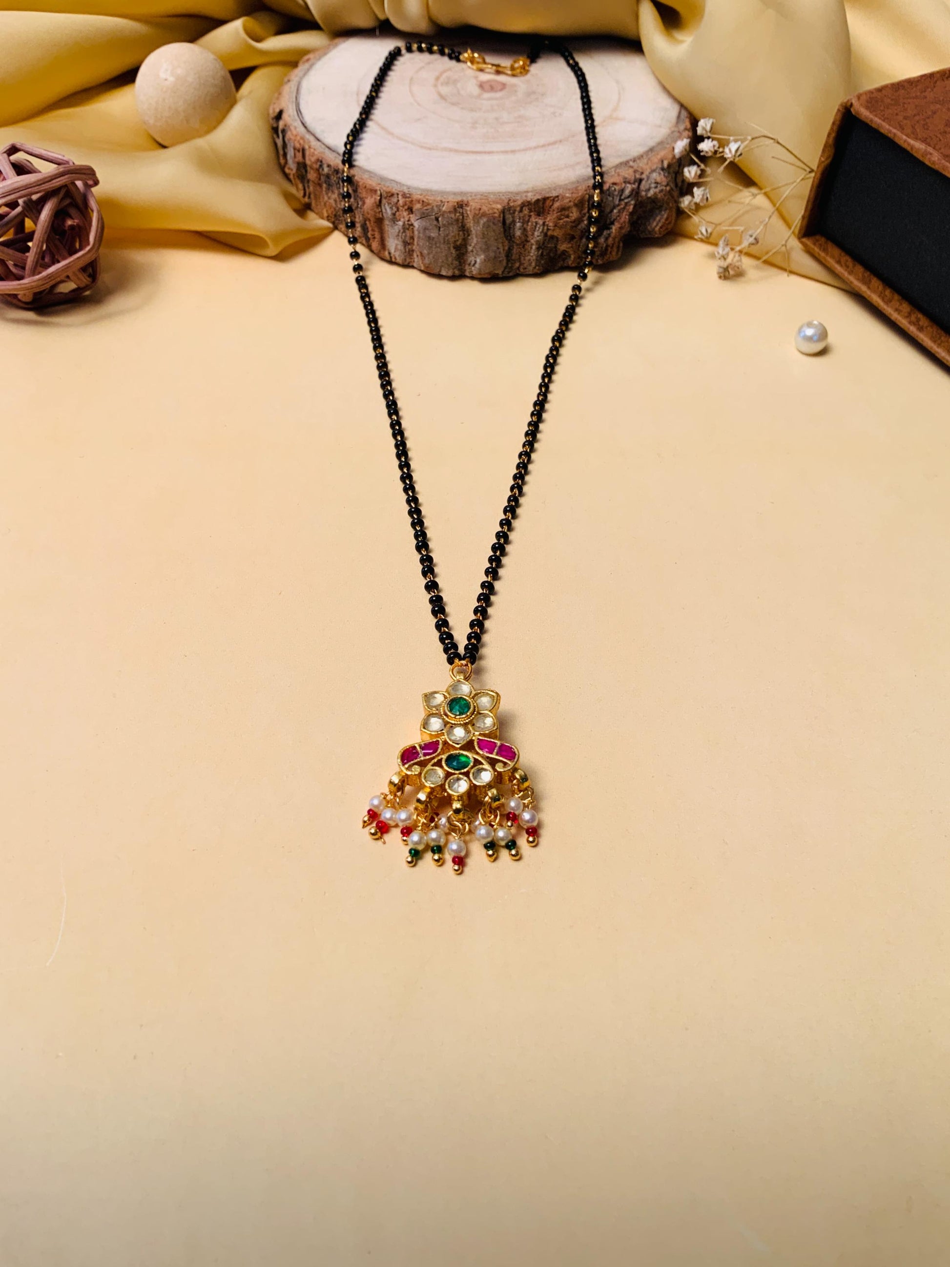 Fascinating Gold Plated Pachi Kundan Pearl Drop Mangalsutra - Abdesignsjewellery