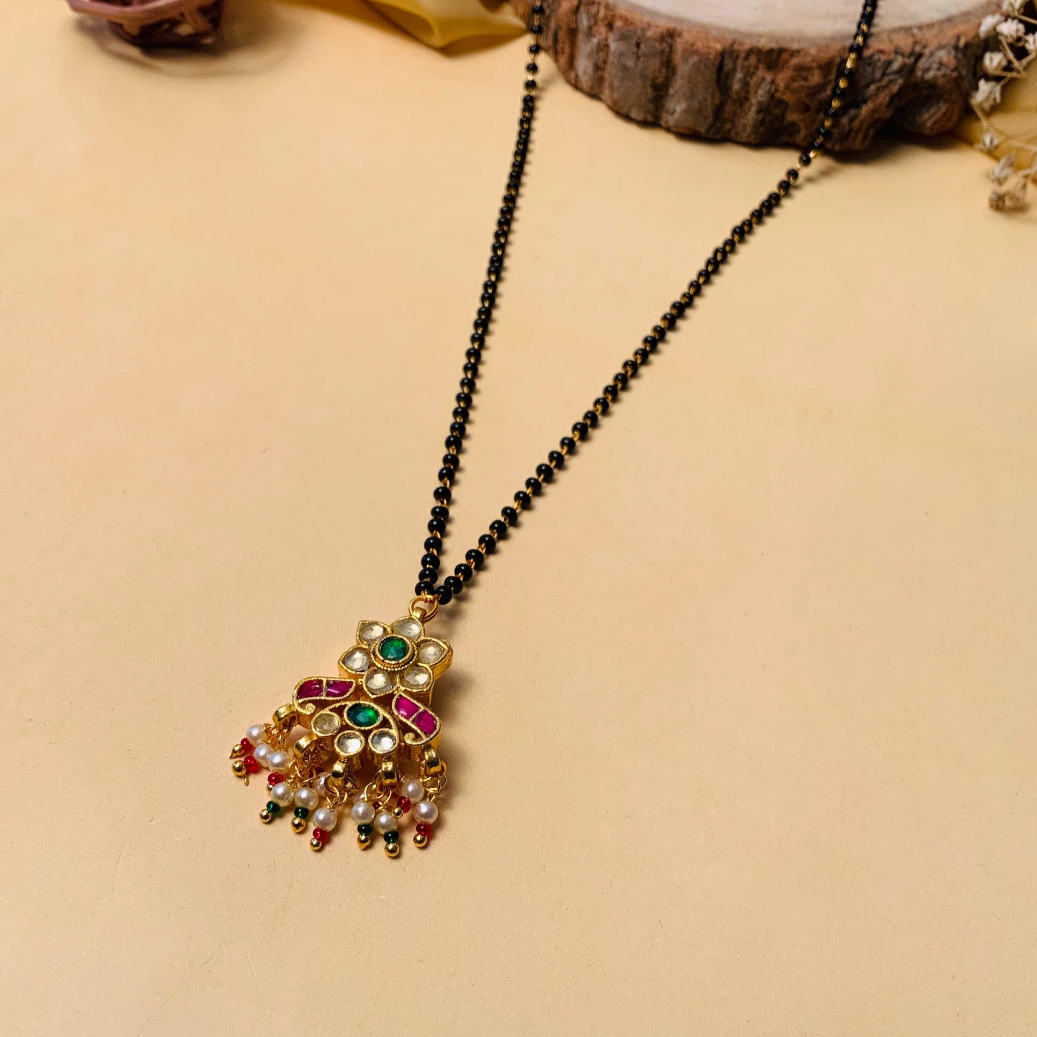Fascinating Gold Plated Pachi Kundan Pearl Drop Mangalsutra - Abdesignsjewellery