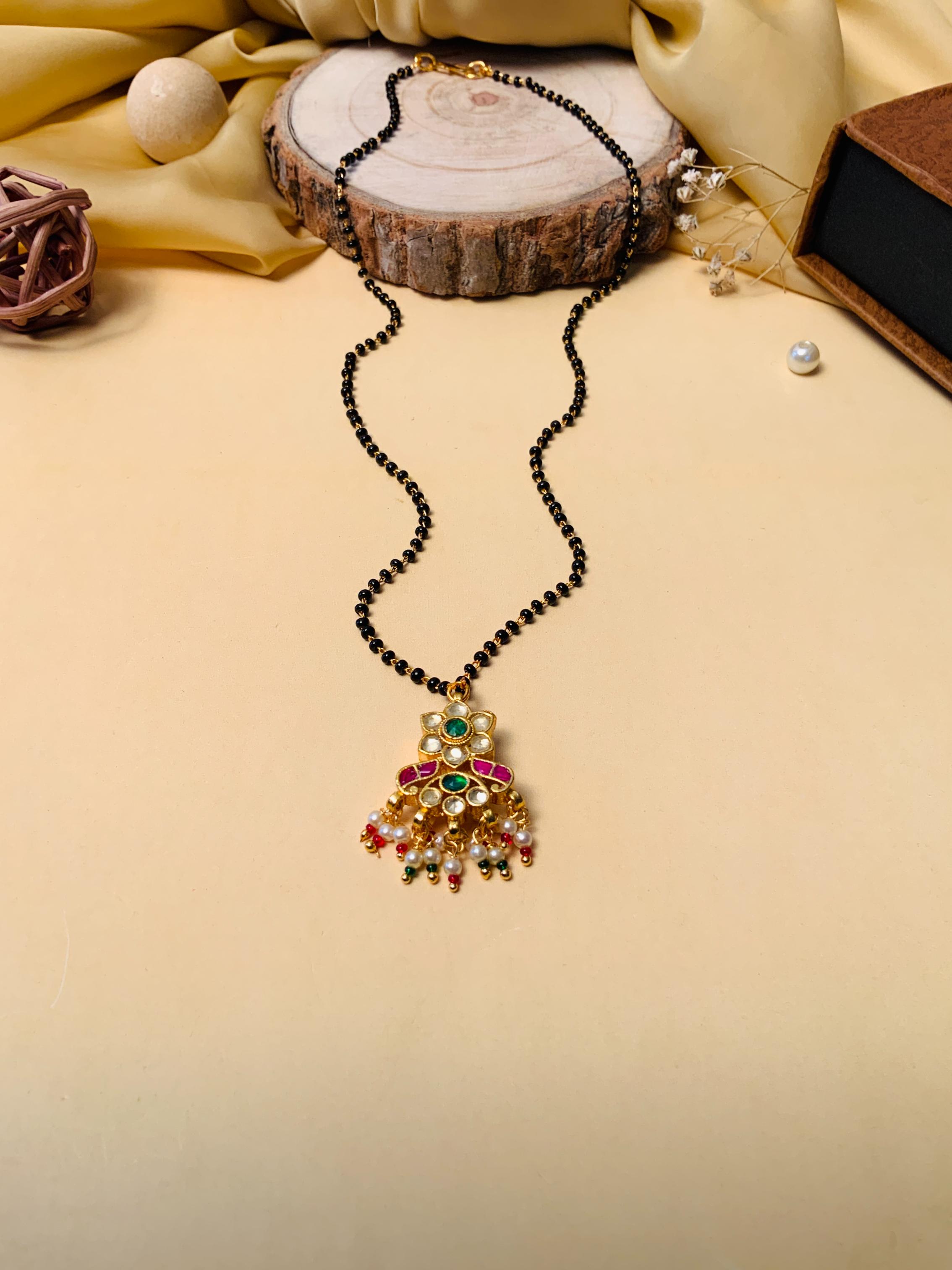 Fascinating Gold Plated Pachi Kundan Pearl Drop Mangalsutra - Abdesignsjewellery