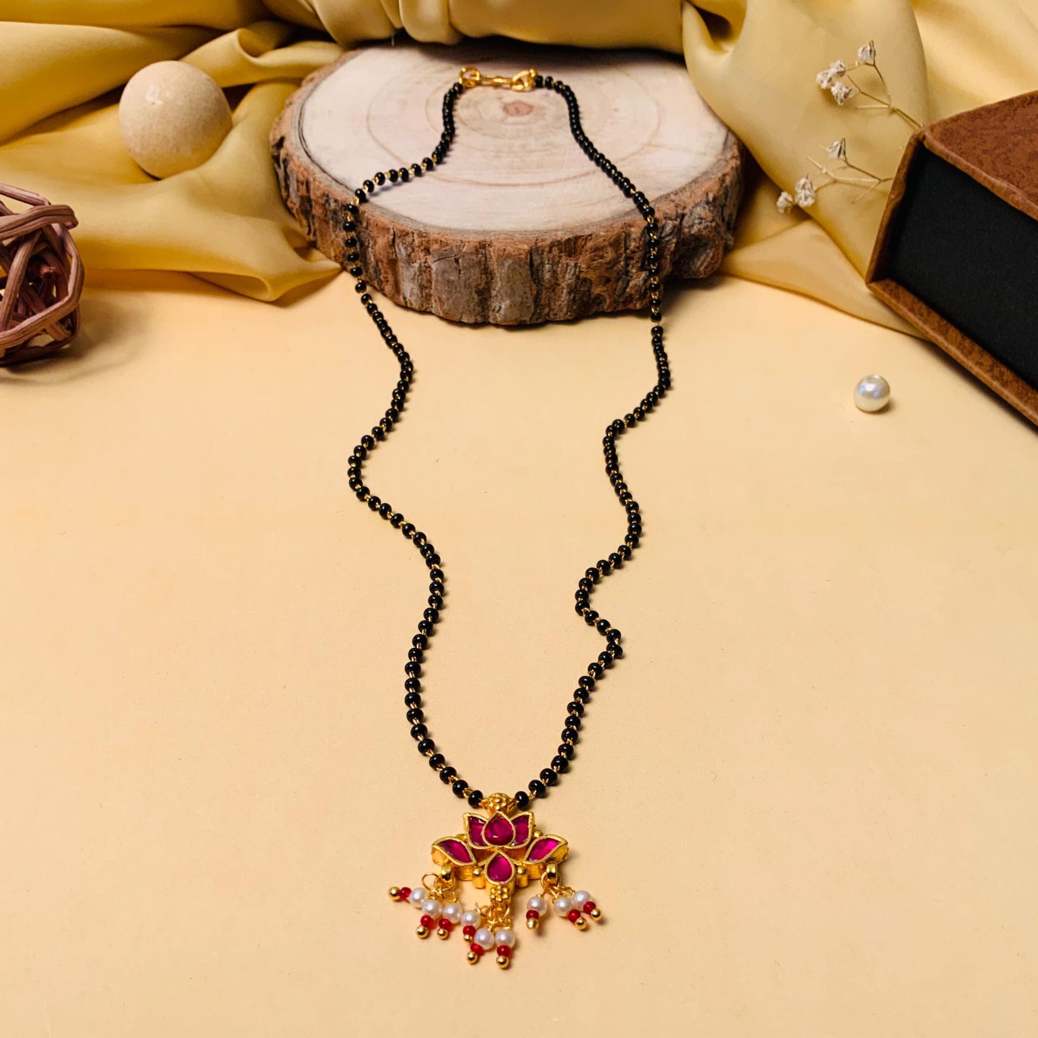 Dazzling Lotus Gold Plated Pachi Kundan Pearl Drop Mangalsutra - Abdesignsjewellery