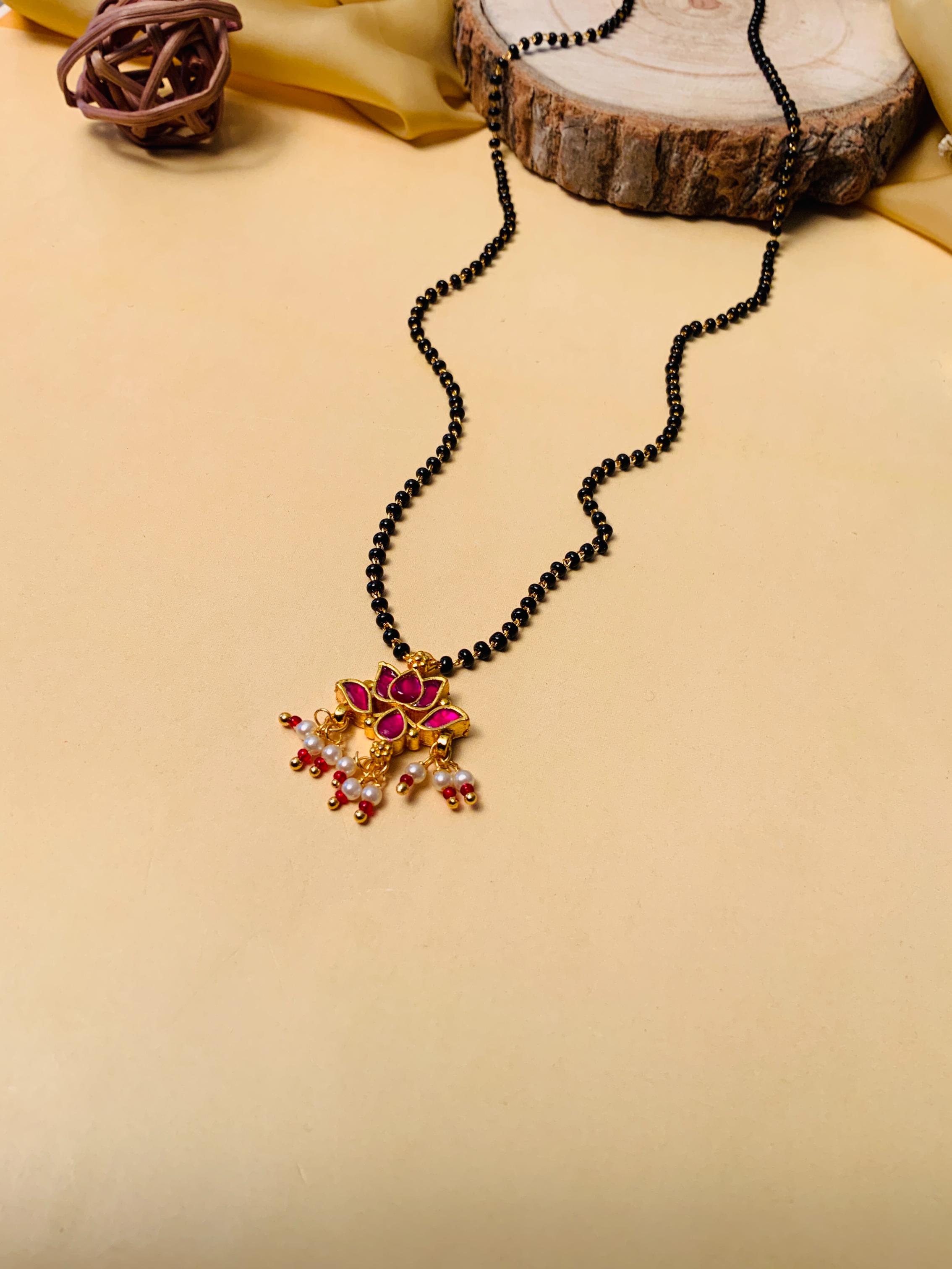 Dazzling Lotus Gold Plated Pachi Kundan Pearl Drop Mangalsutra - Abdesignsjewellery