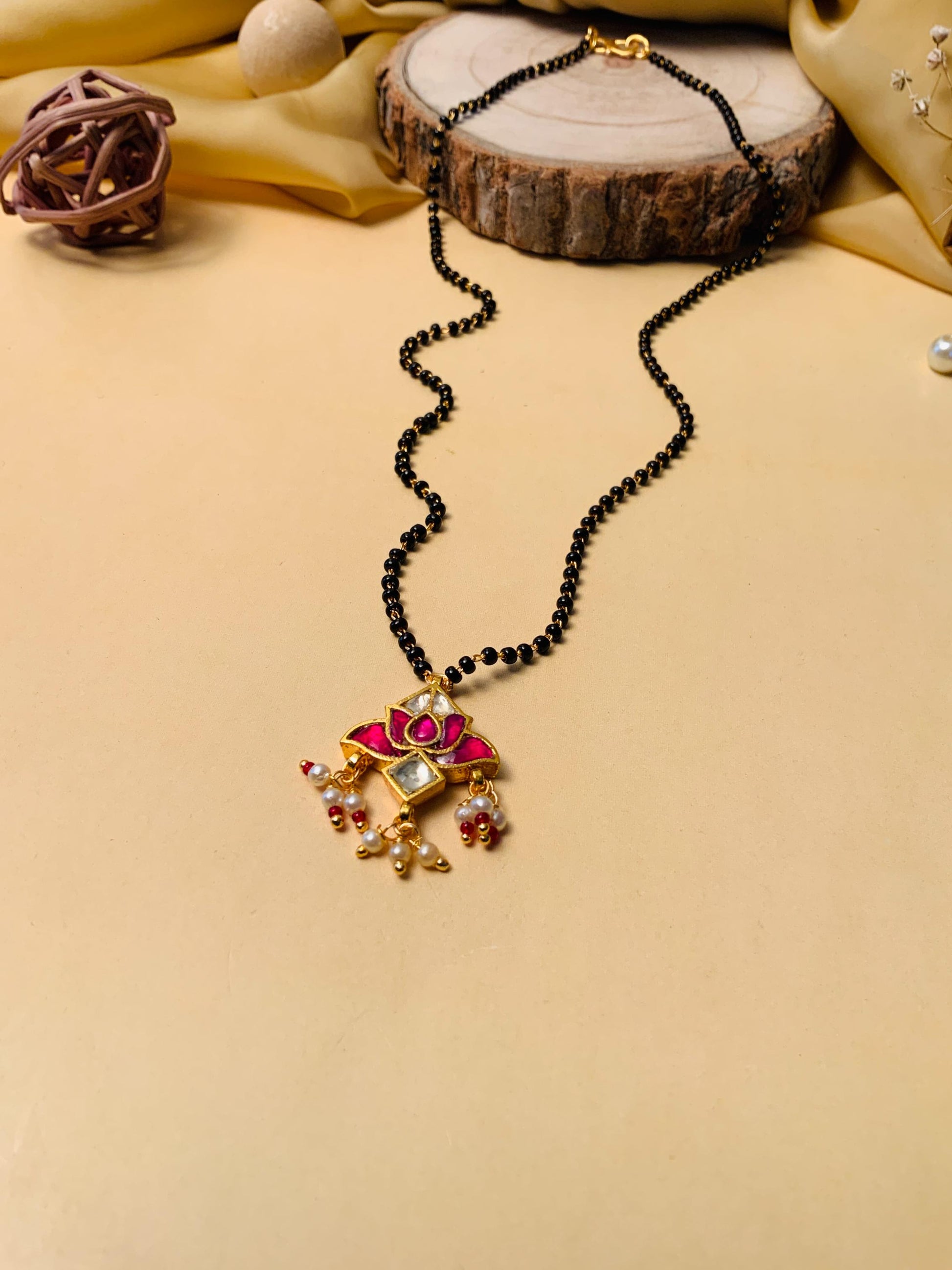 Dazzling Lotus Gold Plated Pachi Kundan Pearl Drop Mangalsutra - Abdesignsjewellery