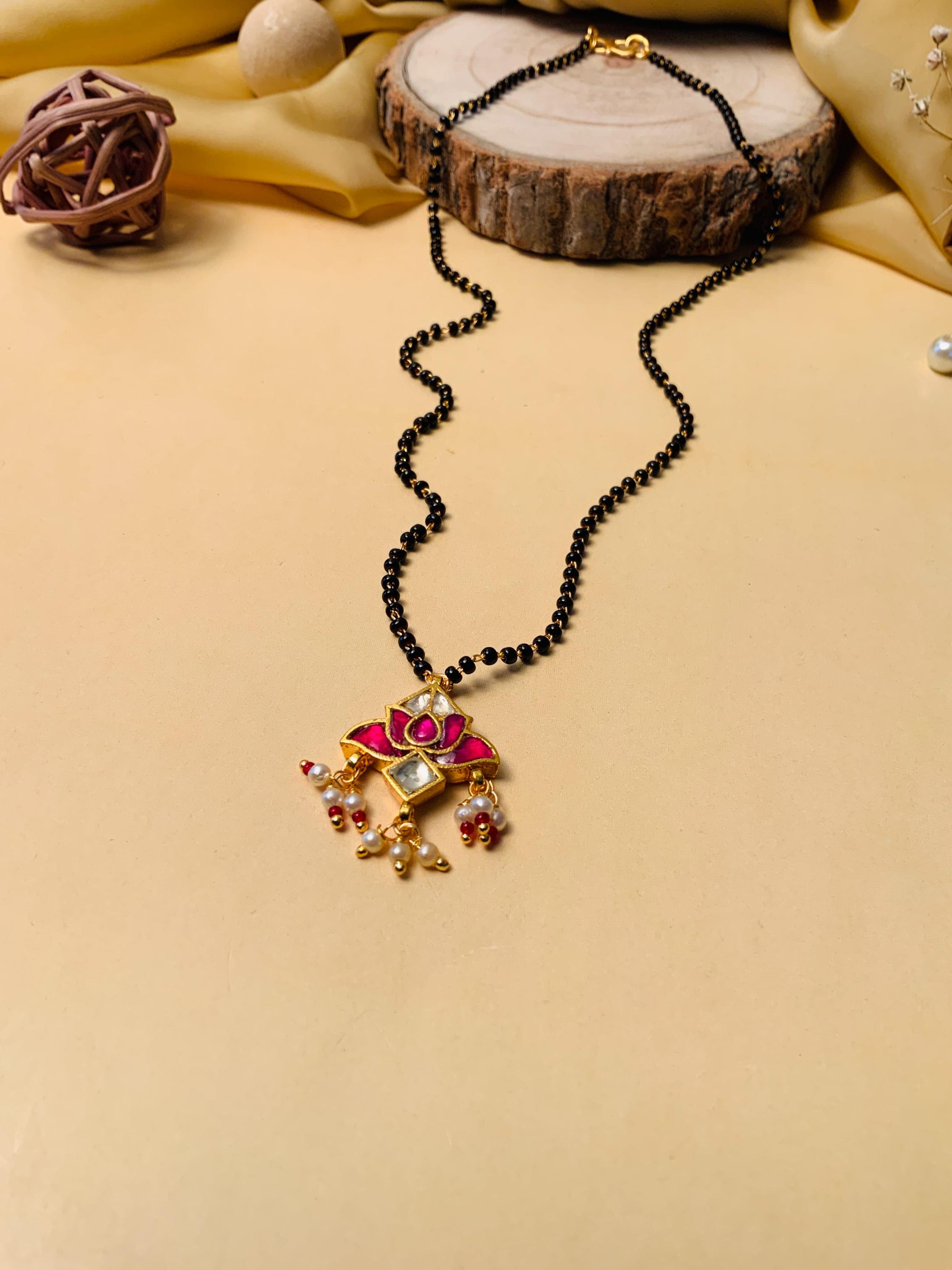 Dazzling Lotus Gold Plated Pachi Kundan Pearl Drop Mangalsutra - Abdesignsjewellery