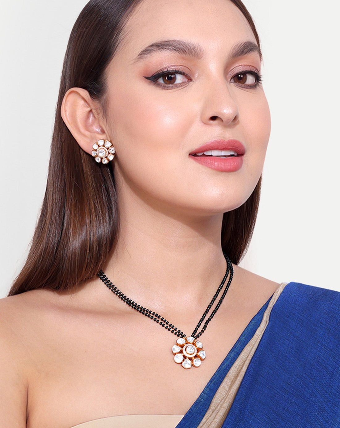 Gold Polki Flower Design Mangalsutra Earrings - Abdesignsjewellery