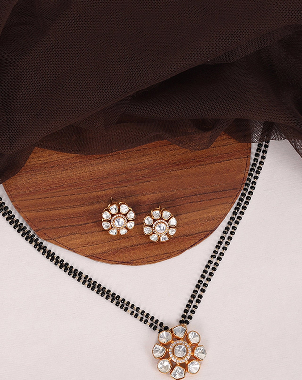Gold Polki Flower Design Mangalsutra Earrings - Abdesignsjewellery