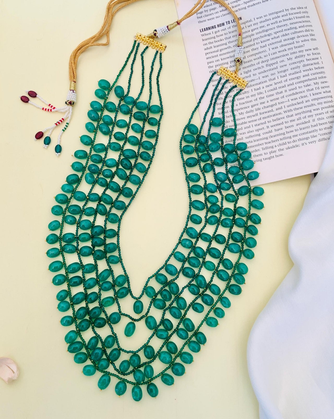 Emerald Beads Green Gold Tone Layered Necklace