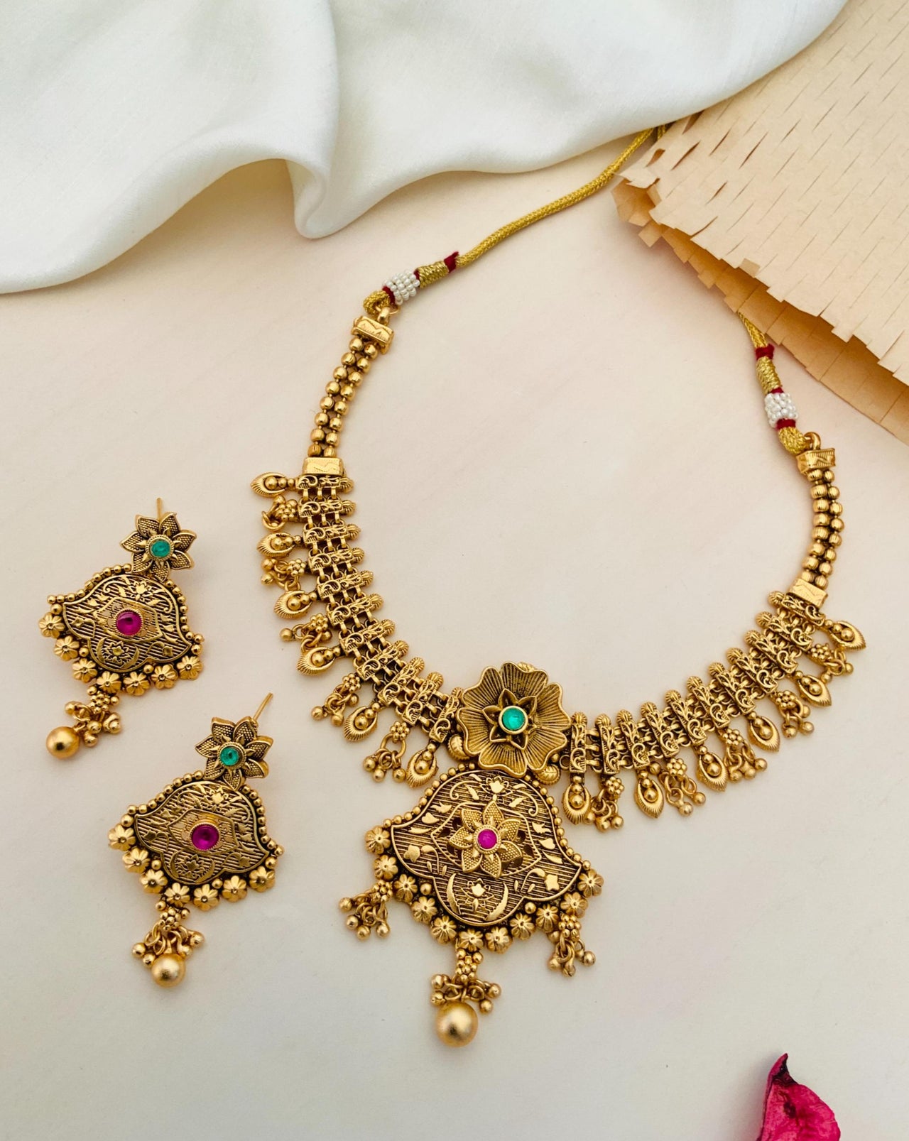 Antique Golden Plated Matt Finish Necklace Set