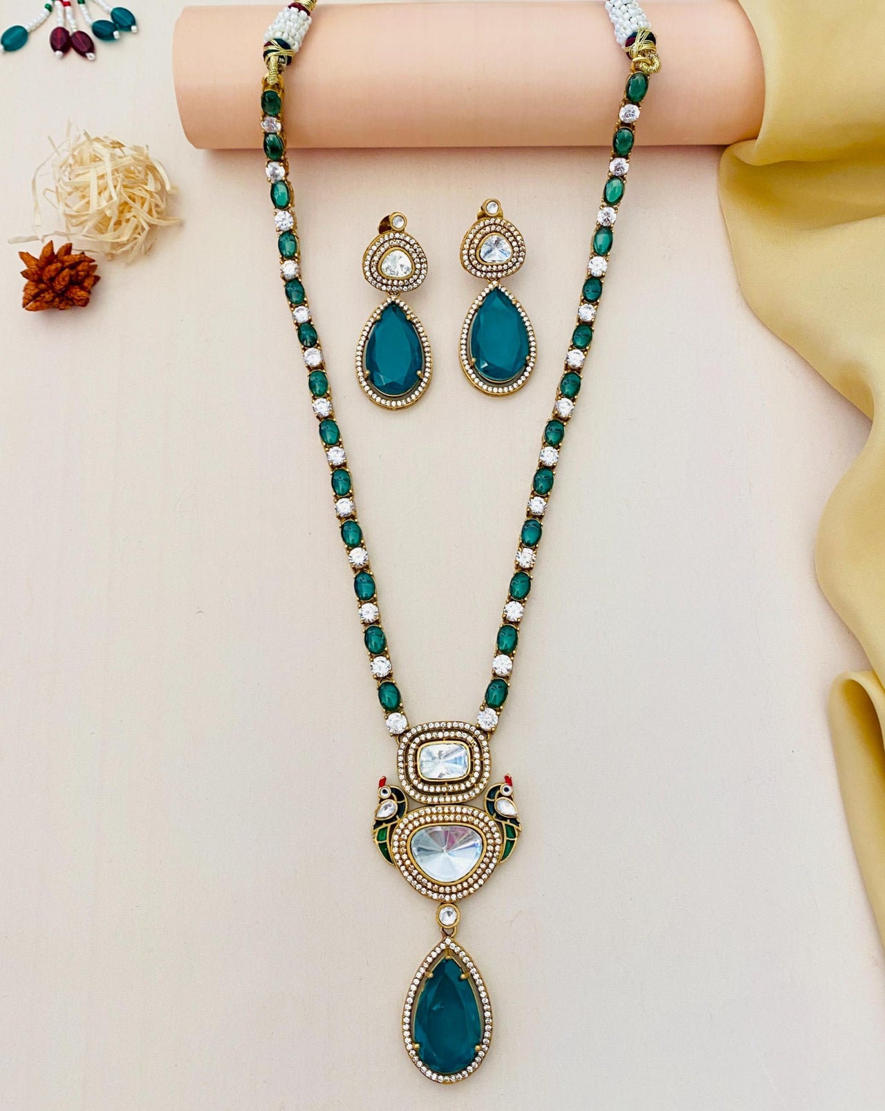 Gold Plated Emerald Polki Peacock Necklace Set - Abdesignsjewellery