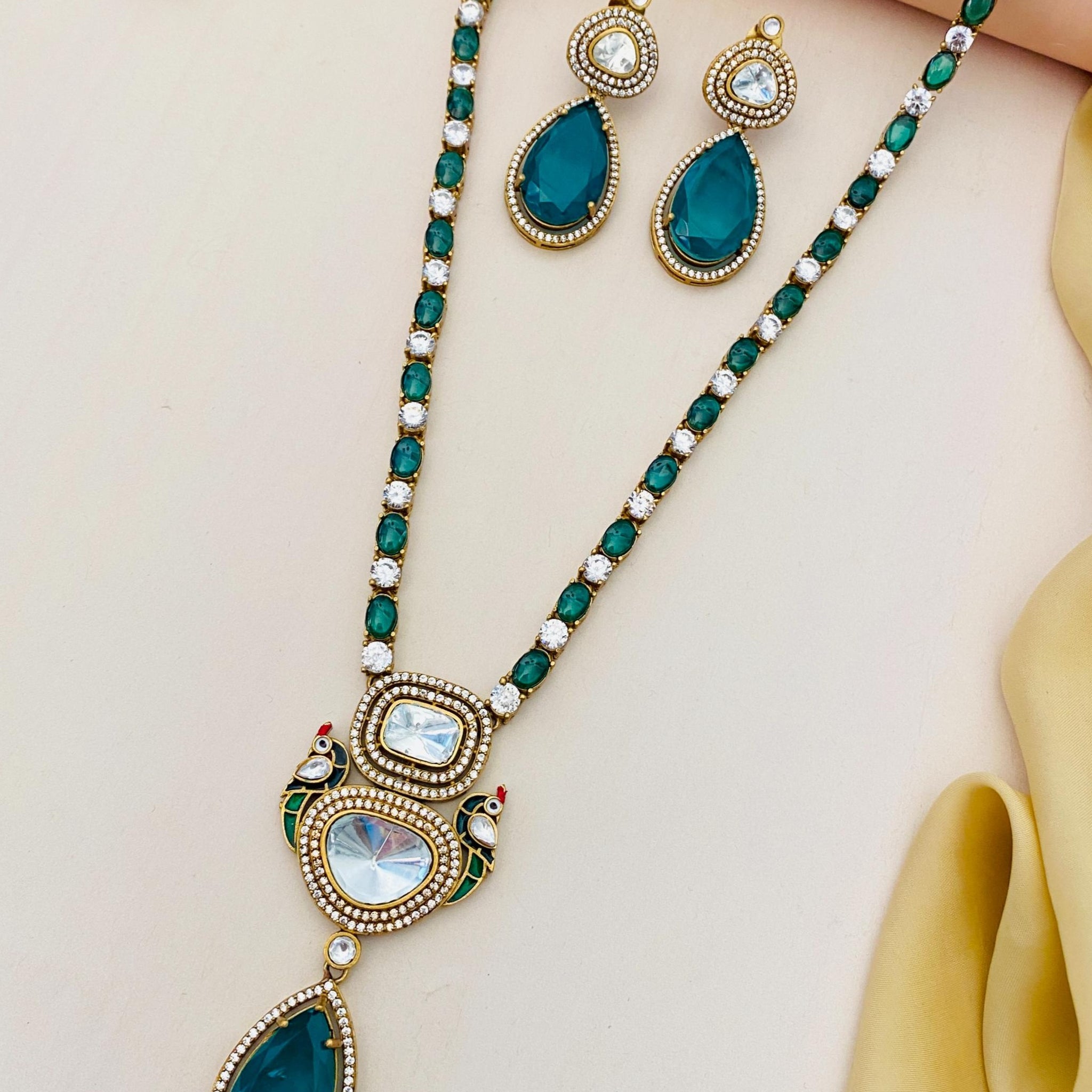 Gold Plated Emerald Polki Peacock Necklace Set - Abdesignsjewellery