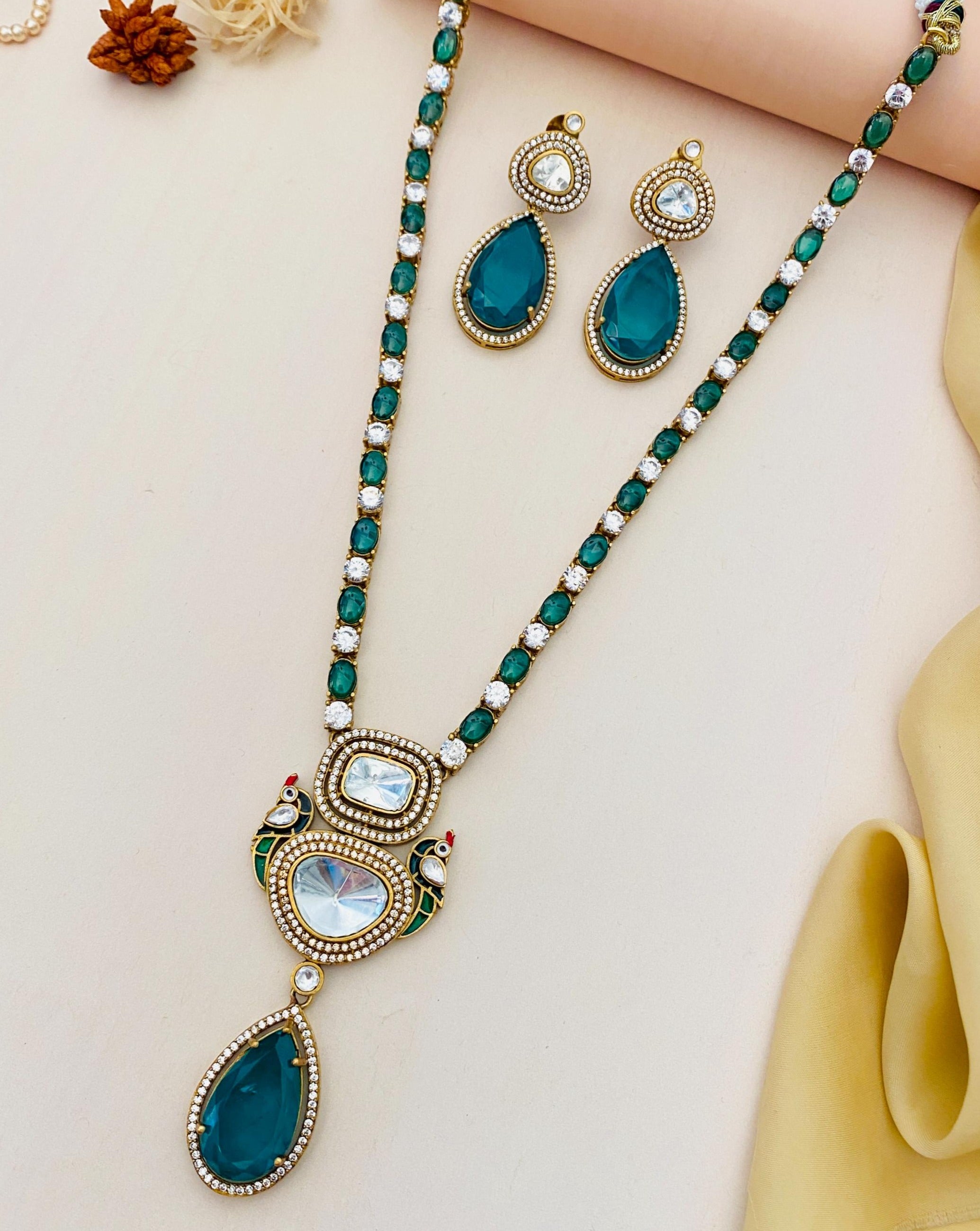 Gold Plated Emerald Polki Peacock Necklace Set - Abdesignsjewellery