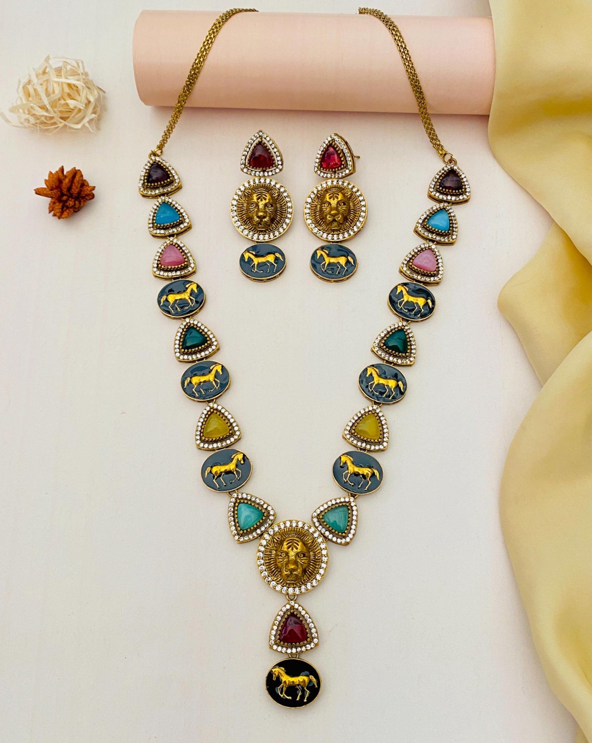 Gold Plated MultiColour Sabyasachi Diamond Necklace Set - Abdesignsjewellery