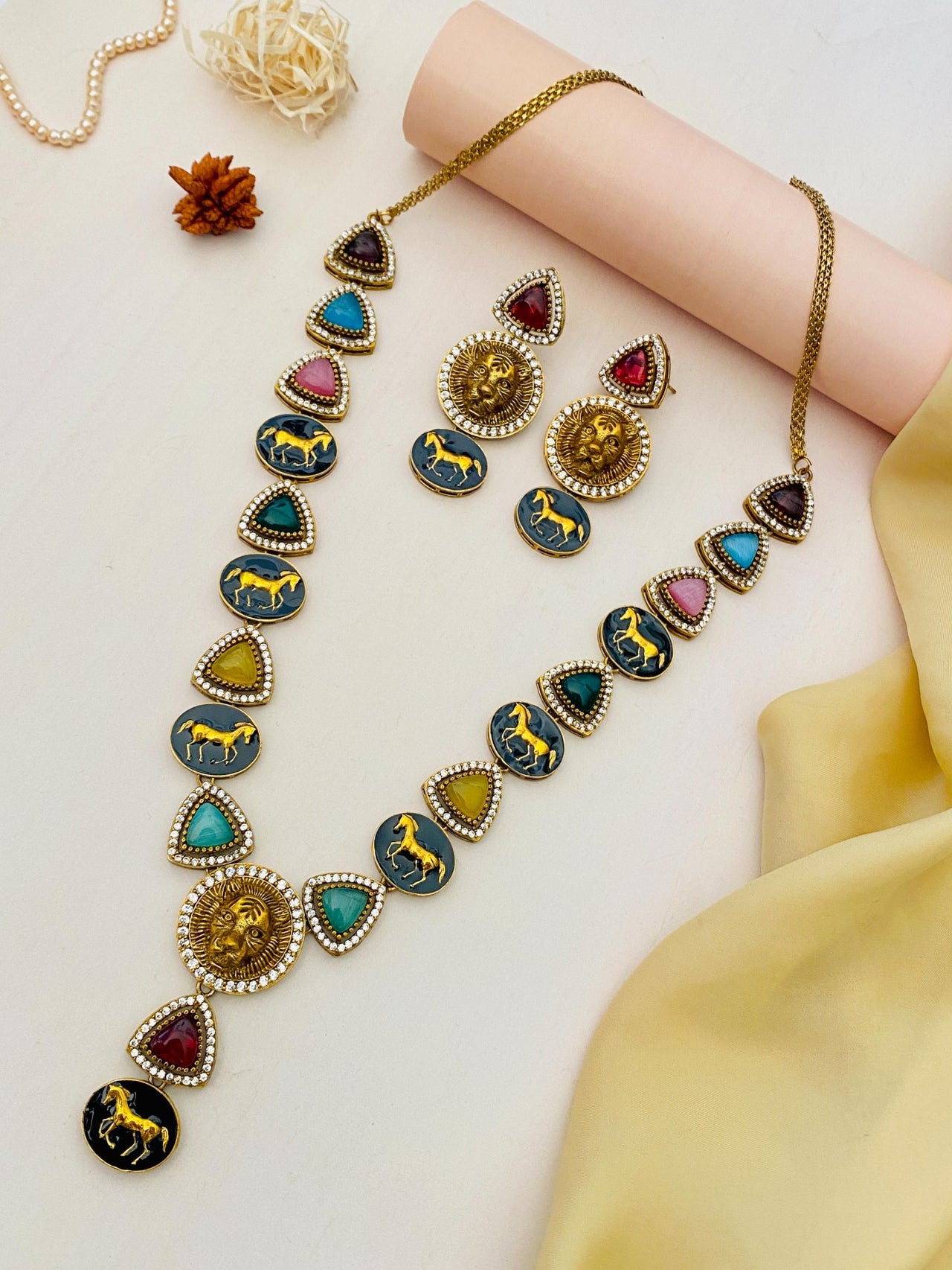 Gold Plated MultiColour Sabyasachi Diamond Necklace Set - Abdesignsjewellery