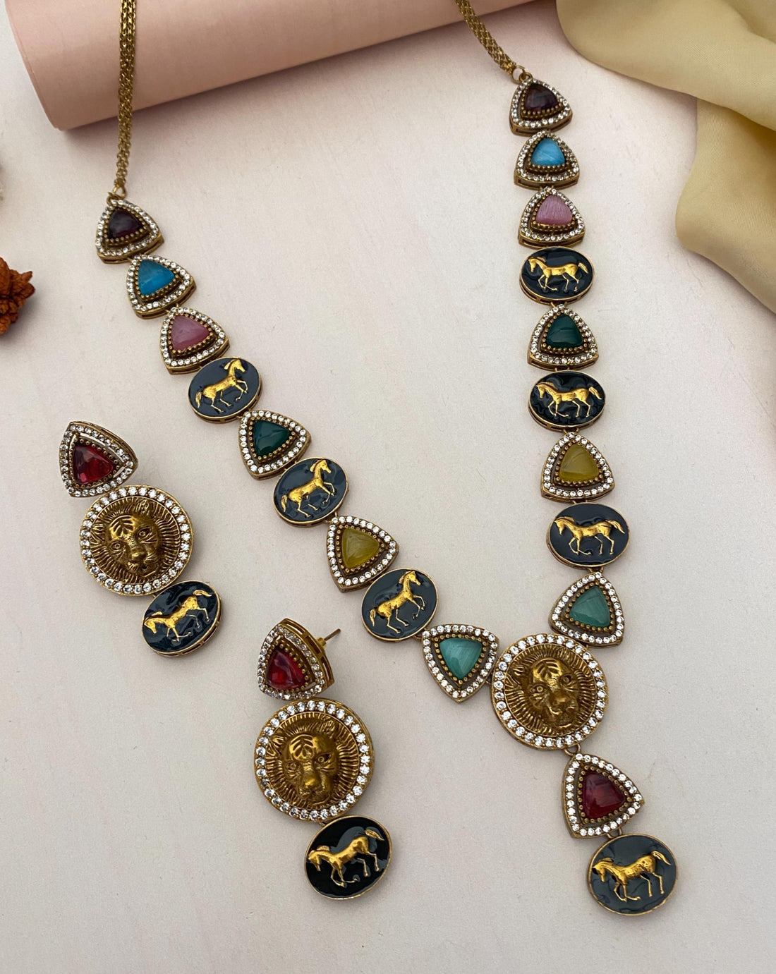 Gold Plated MultiColour Sabyasachi Diamond Necklace Set - Abdesignsjewellery