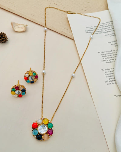 Gold Plated High Quality Navratna Pendant Chain Set