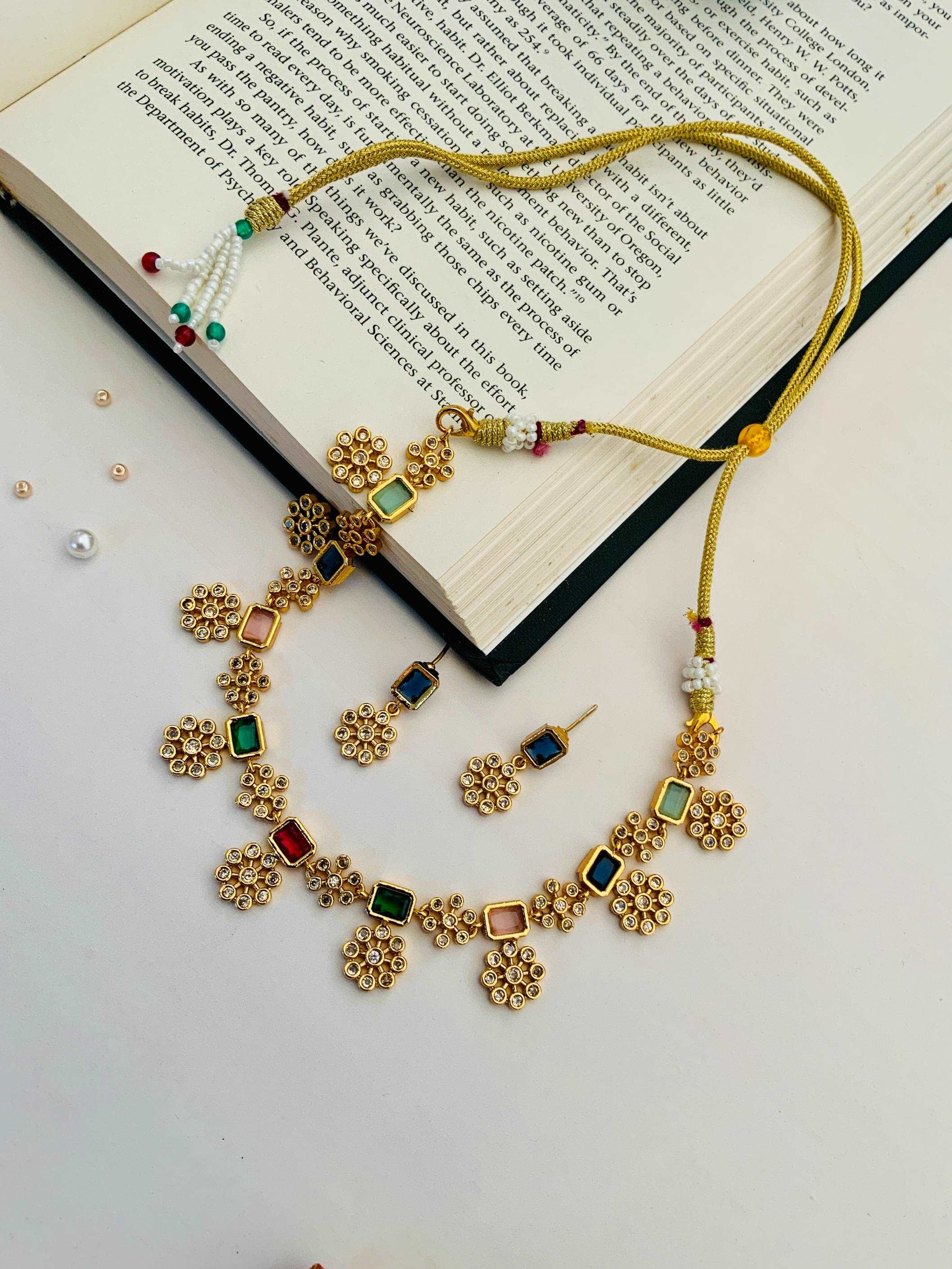 Aesthetic Gold Plated Kempstone Necklace With Pair Of Earrings - Abdesignsjewellery