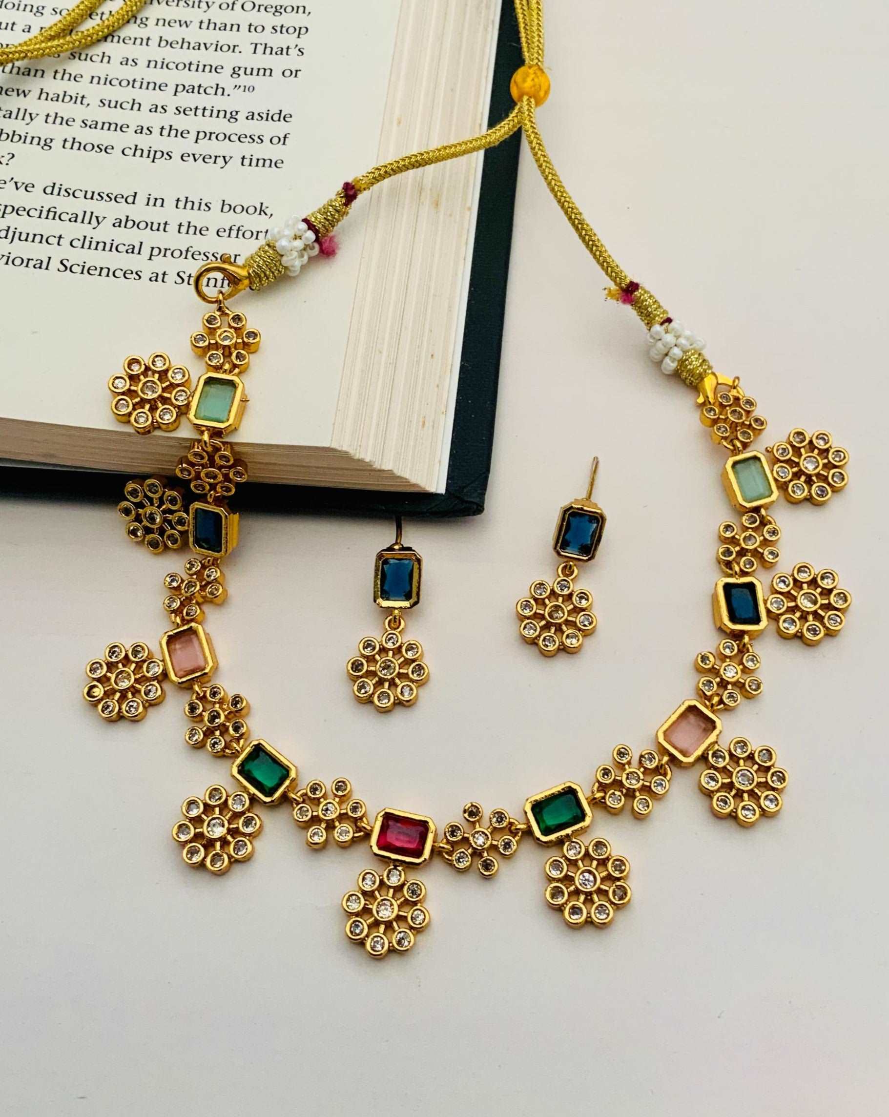 Aesthetic Gold Plated Kempstone Necklace With Pair Of Earrings - Abdesignsjewellery