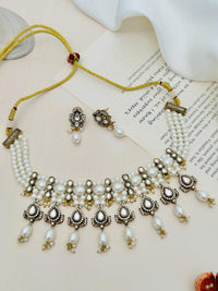 Thumbnail for Statement Pearl Oxidsed Gold Plated Polki Choker Necklace Set