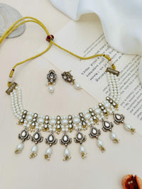 Thumbnail for Statement Pearl Oxidsed Gold Plated Polki Choker Necklace Set