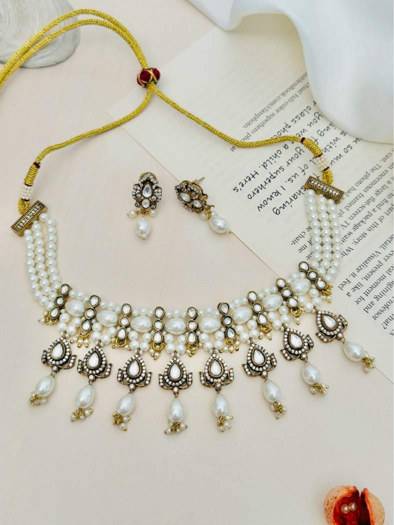 Statement Pearl Oxidsed Gold Plated Polki Choker Necklace Set