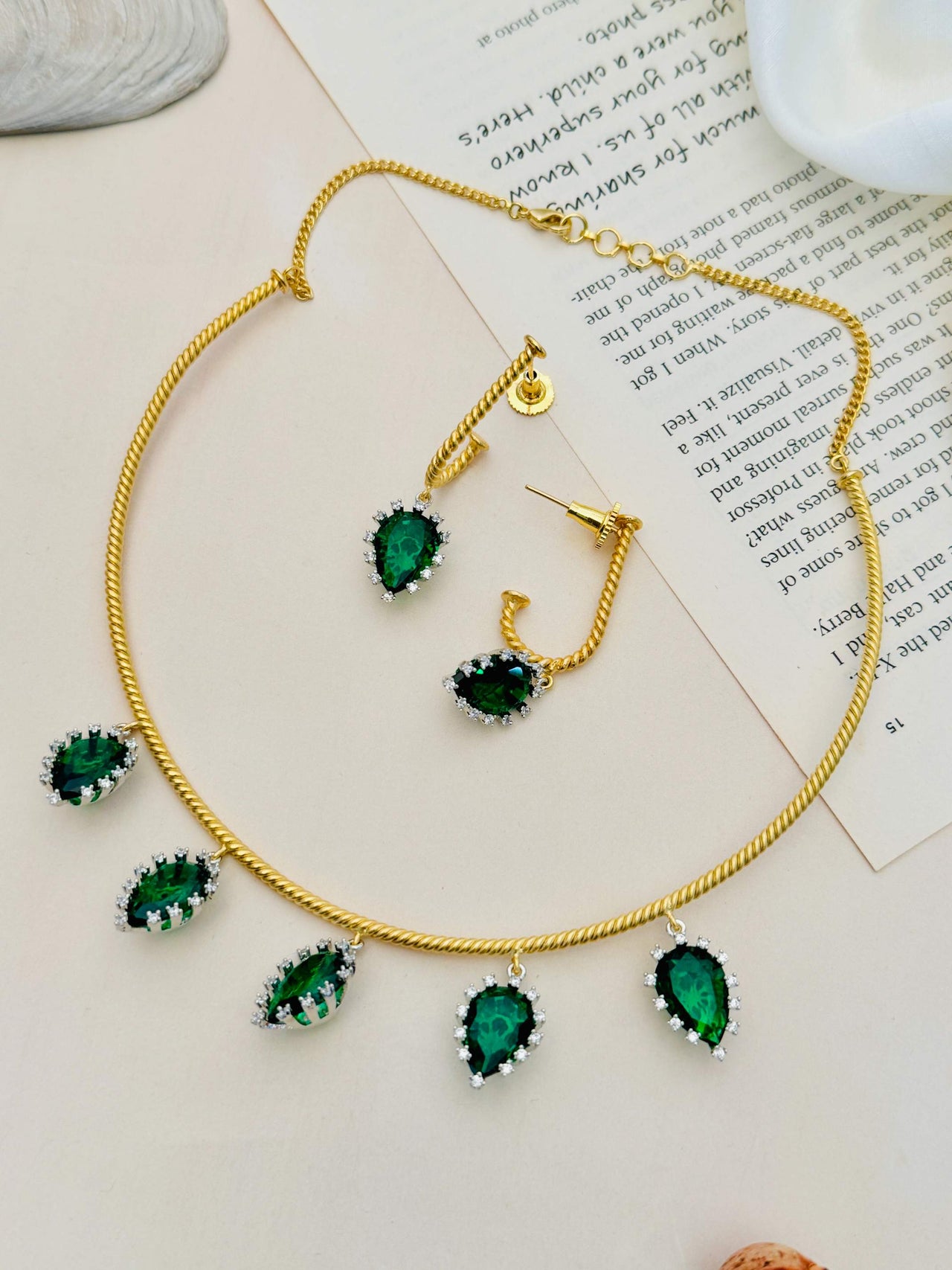 Gold Plated Statement Emerald Green Hasli Necklace Set