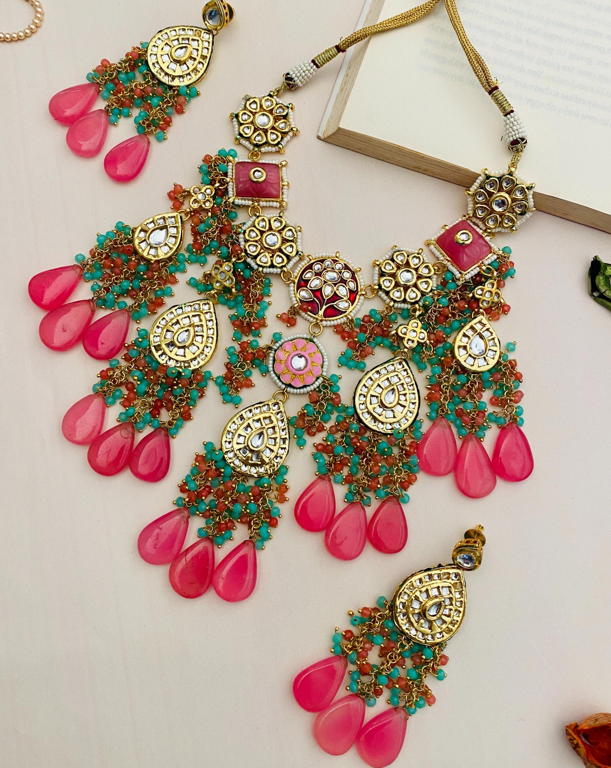 Luxurious Pink & Sea Green Kundan Bridal Necklace Set Abdesignsjewellery Luxurious Pink & Sea Green Kundan Bridal Necklace Set Abdesignsjewellery