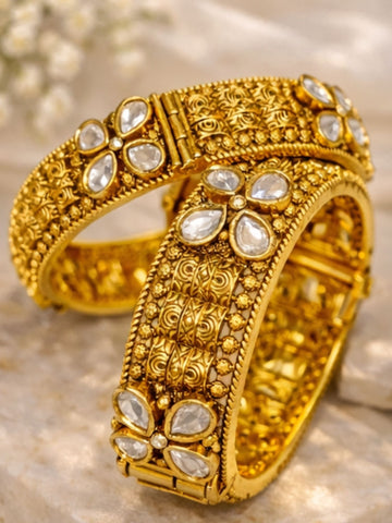 Gold Plated Antique Floral Moissanite Bangles - bangle by Abdesigns Jewellery