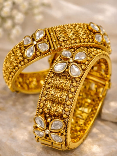 Abdesigns Gold Plated Antique Floral Moissanite Bangles