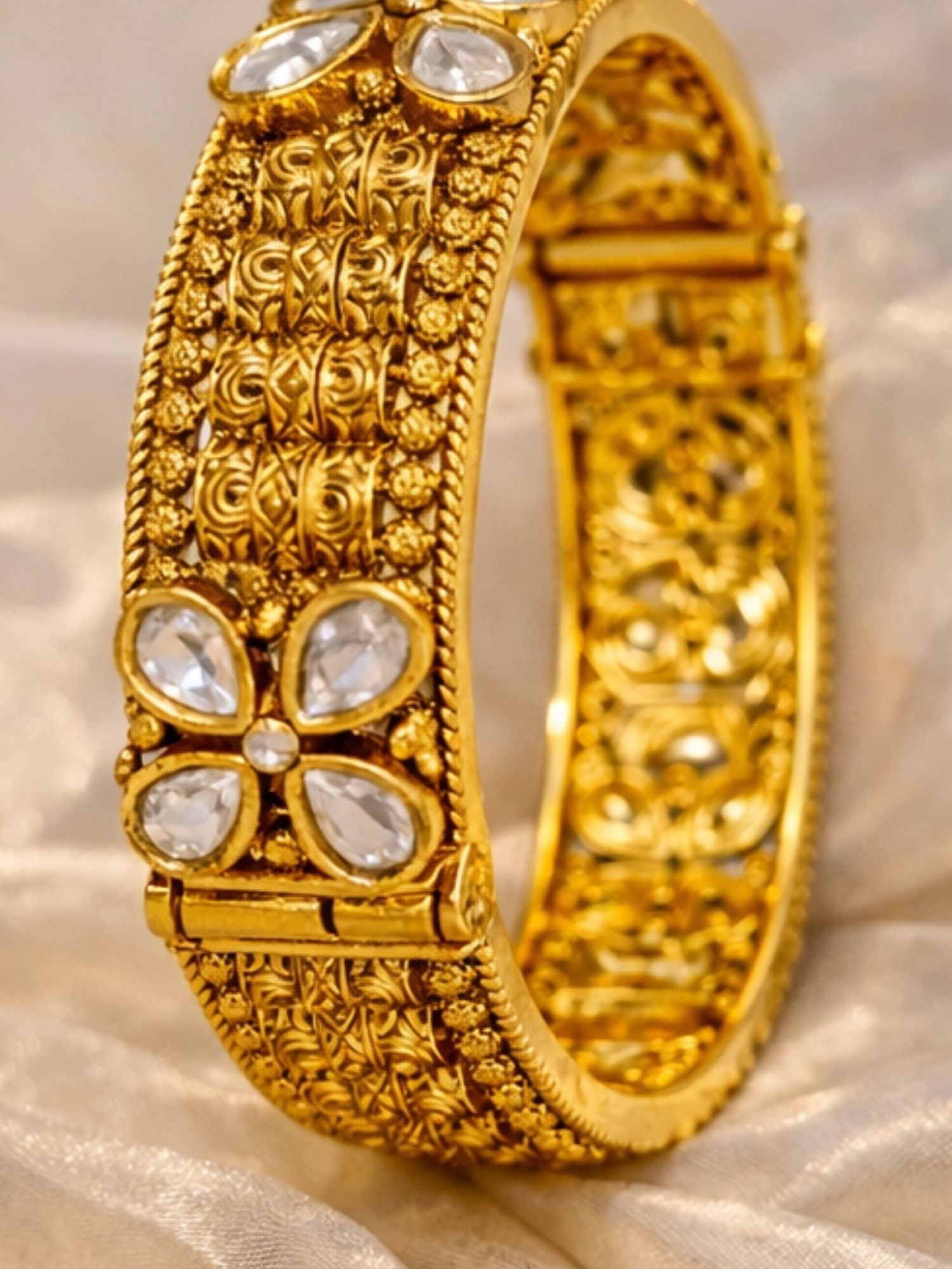 Gold Plated Antique Floral Moissanite Bangles - bangle by Abdesigns Jewellery