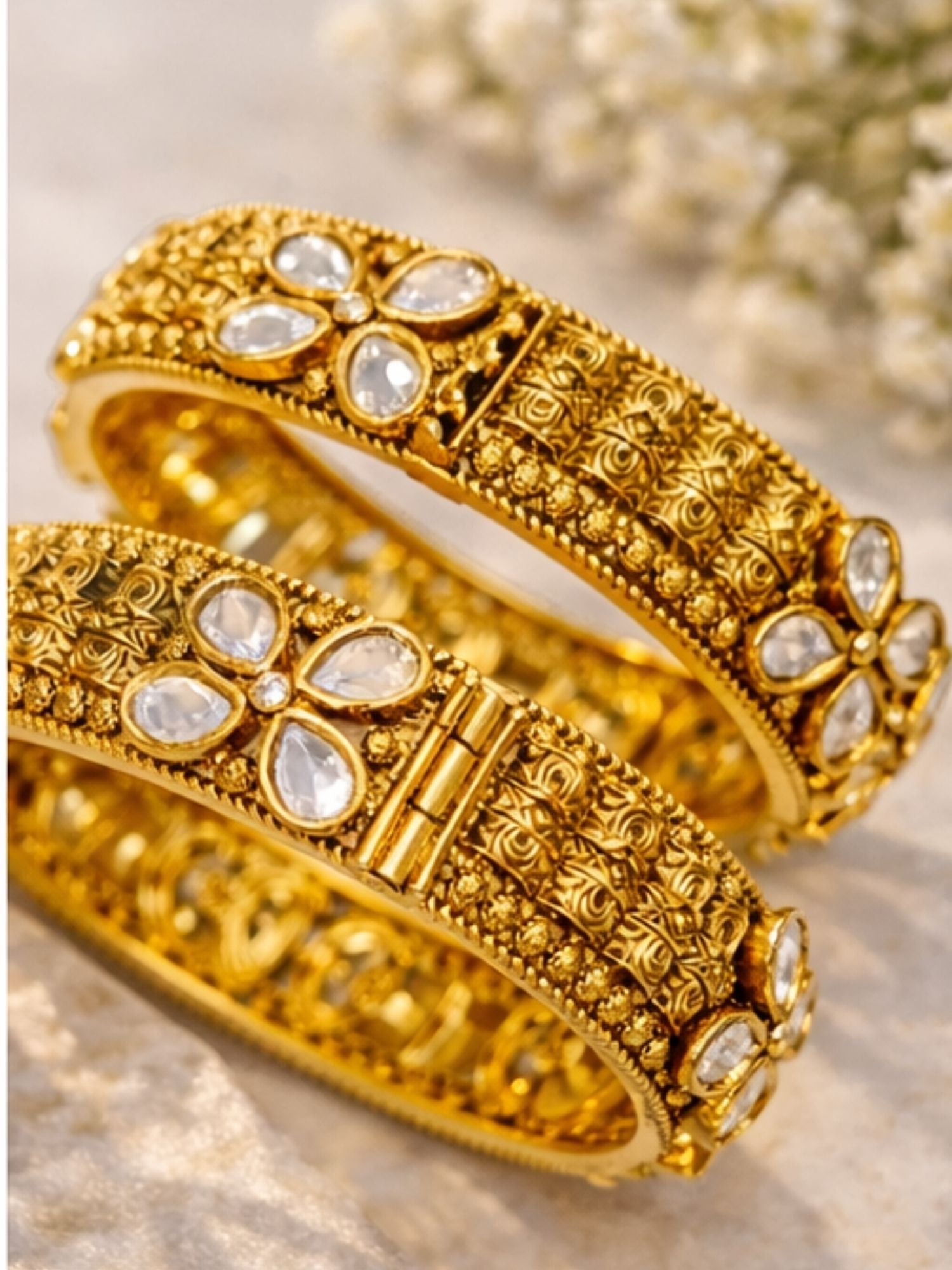 Gold Plated Antique Floral Moissanite Bangles - bangle by Abdesigns Jewellery