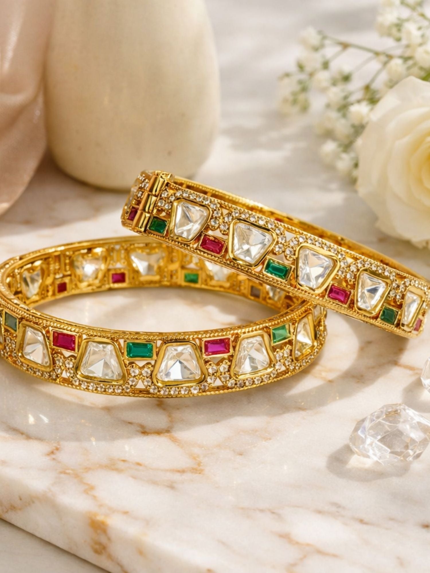 Gold Plated Multicolour Polki Moissanite Bangles - bangle by Abdesigns Jewellery