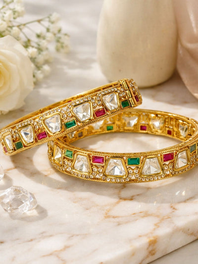 Abdesigns Gold Plated Multicolour Polki Moissanite Bangles