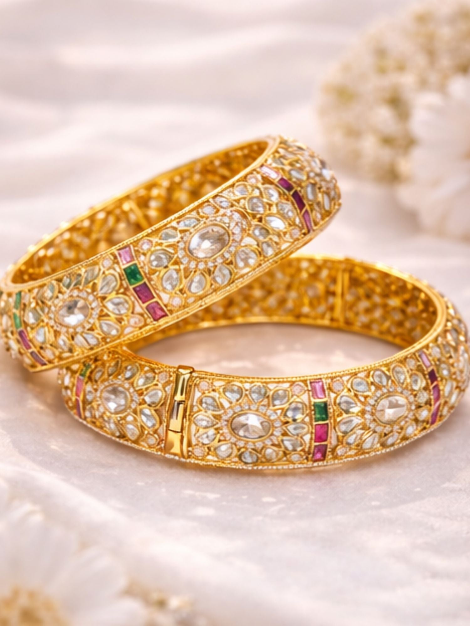 Abdesigns Gold Plated Bridal Floral Moissanite Bangles