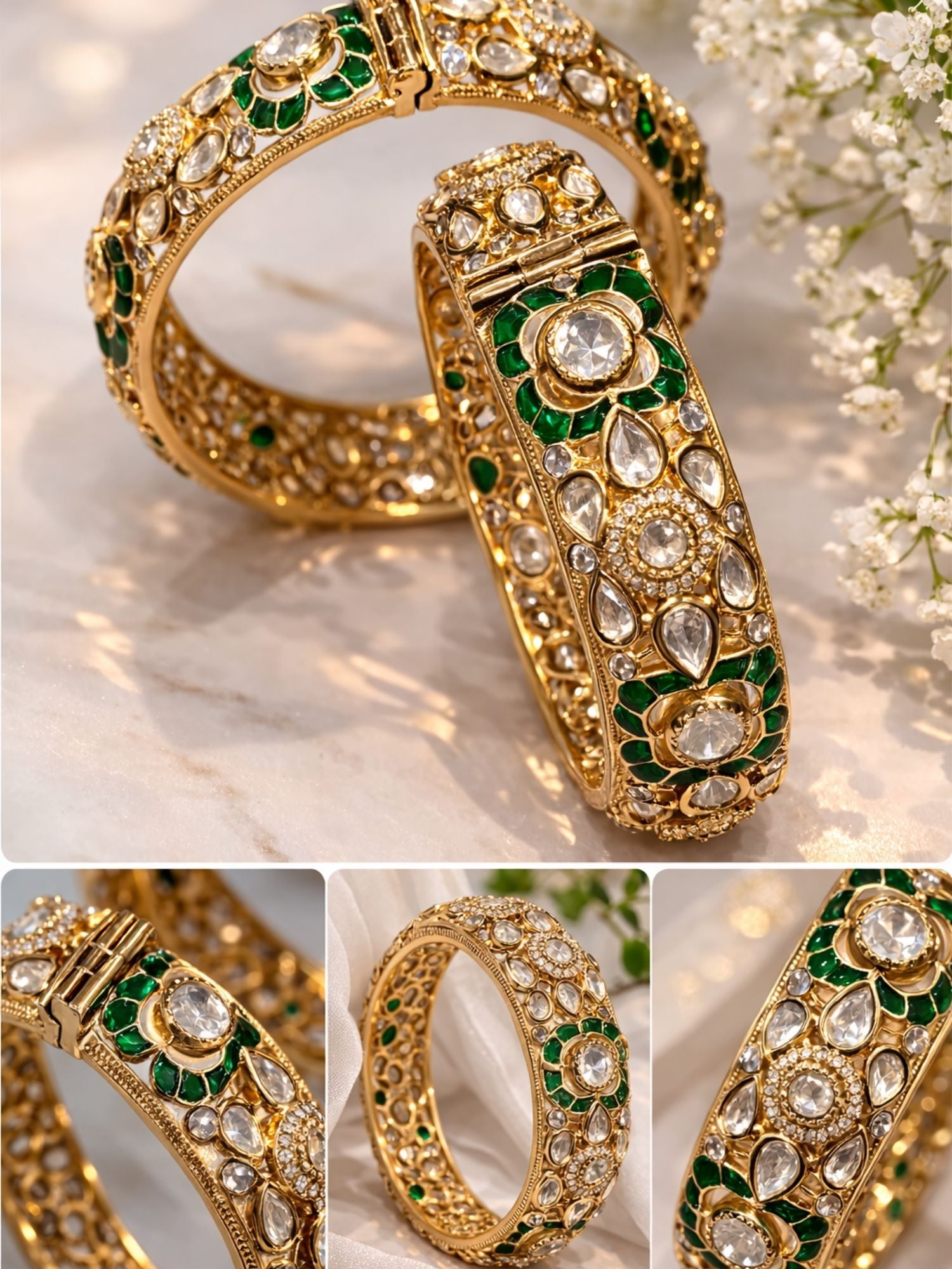 Abdesigns Gold Plated Uncut Polki Moissanite Bangles