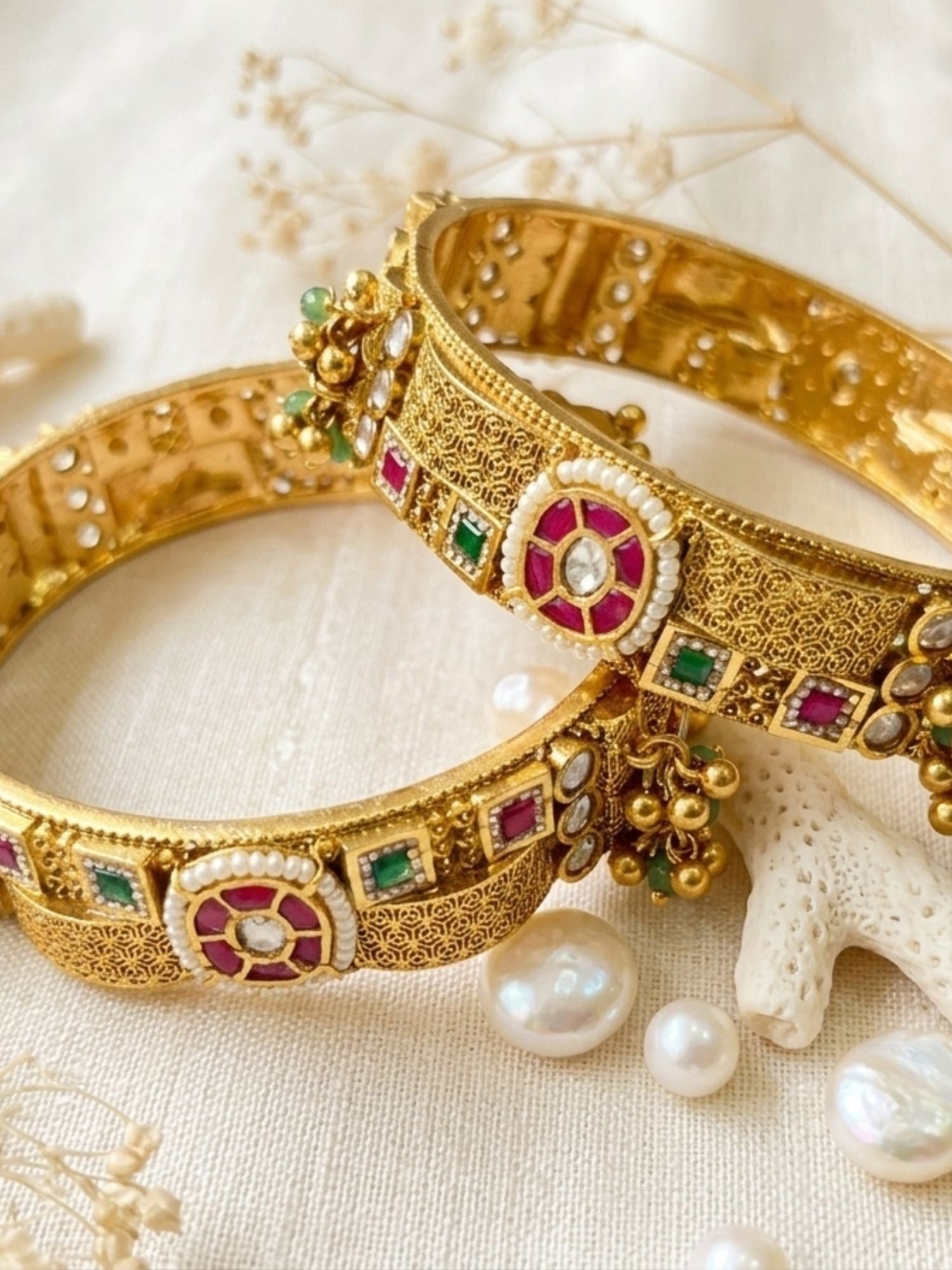 Abdesigns Multicolour Antique Gold Plated Jadau Polki Bangles
