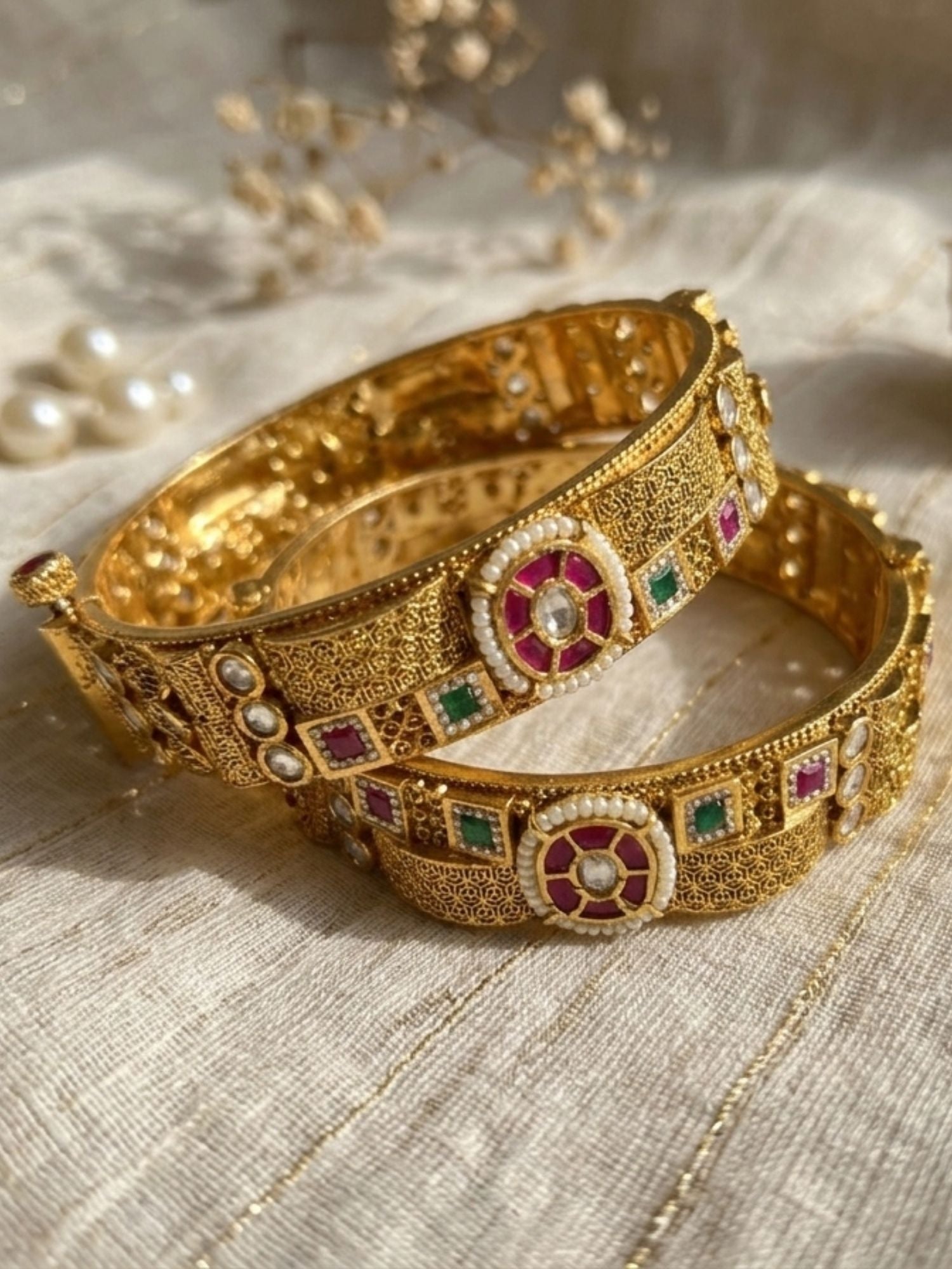 Abdesigns Multicolour Antique Gold Plated Jadau Polki Bangles