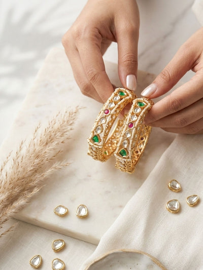 Abdesigns Gold Plated Multicolour Silm Polki Bangles