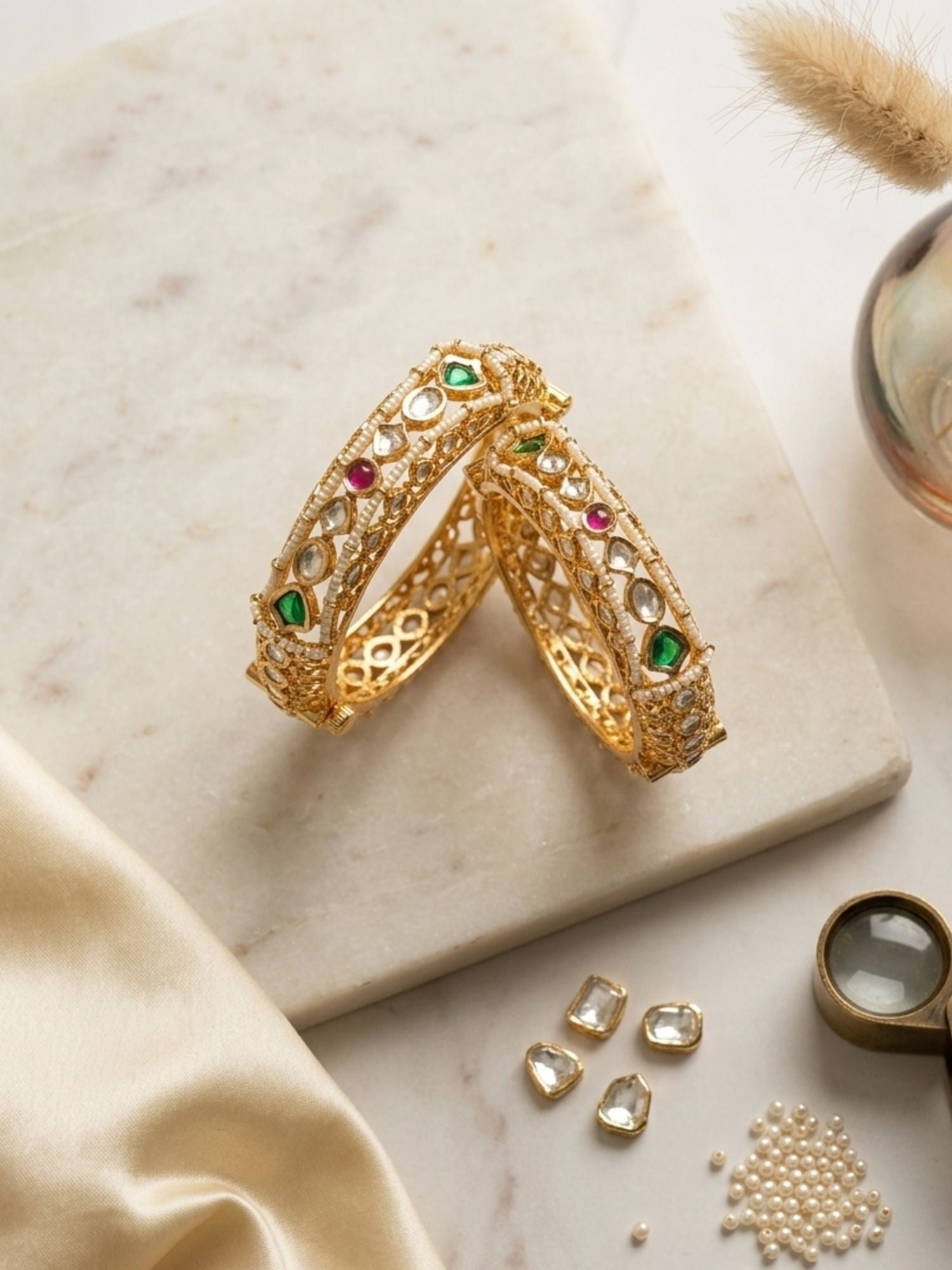 Abdesigns Gold Plated Multicolour Silm Polki Bangles